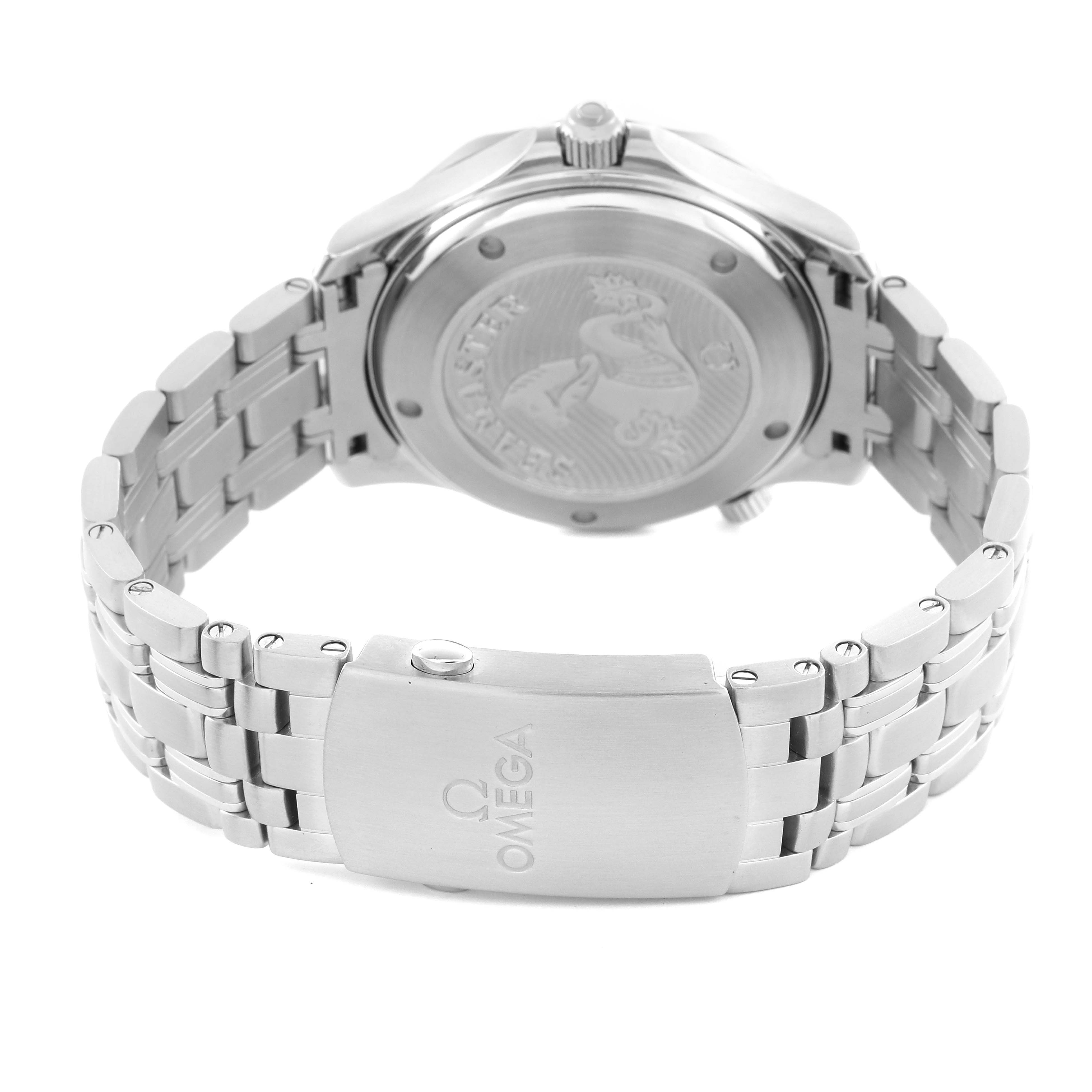 The Omega Seamaster 212.30.41.20.01.003 Men's Stainless Steel Black Dial 212.30.41.20.01.003 Men's Stainless Steel Black Dial watch is shown from the back, highlighting the case back and metal bracelet with the Omega logo on the clasp.