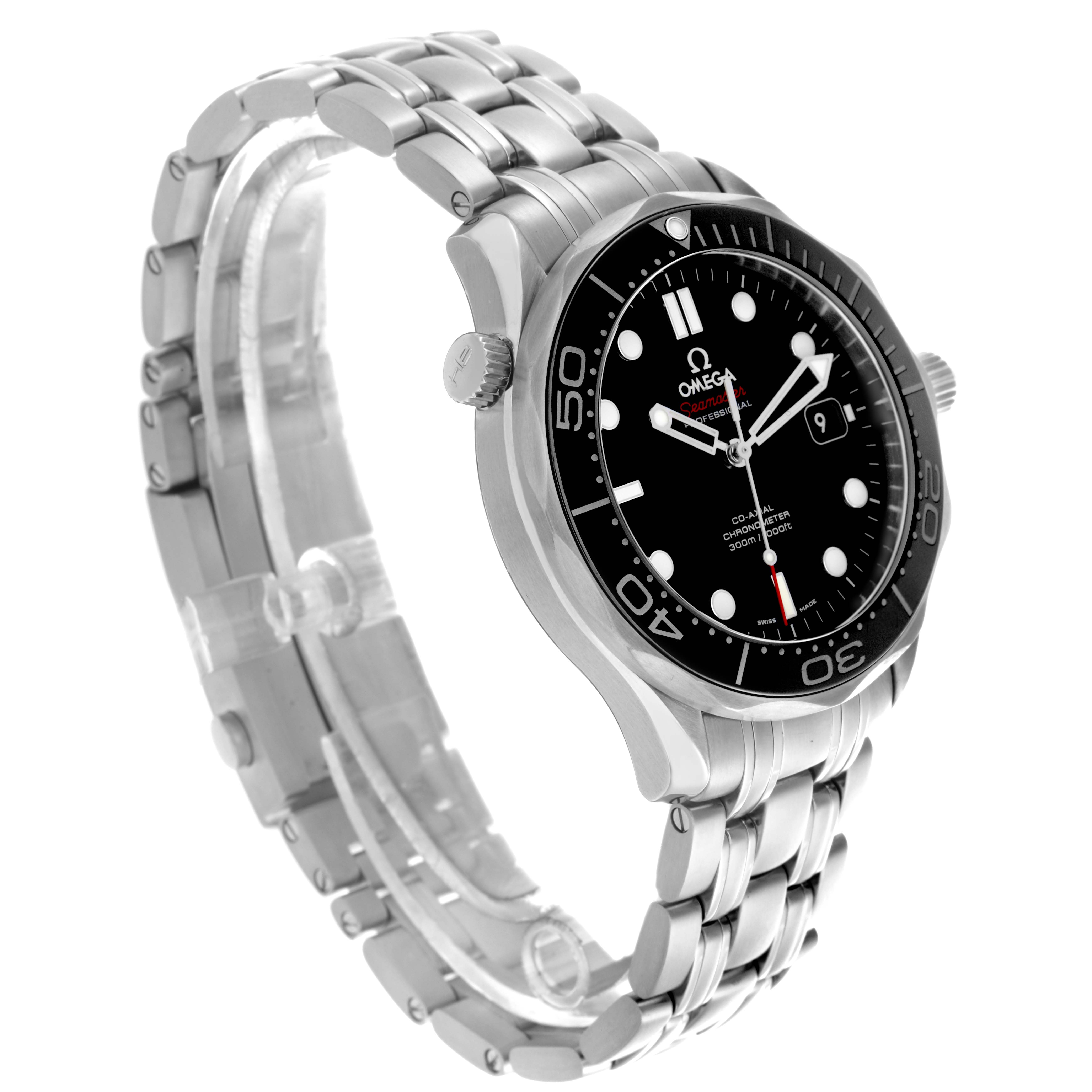 The Omega Seamaster 212.30.41.20.01.003 Men's Stainless Steel Black Dial 212.30.41.20.01.003 Men's Stainless Steel Black Dial watch is shown at a three-quarter angle, highlighting the bezel, dial, crown, and bracelet.