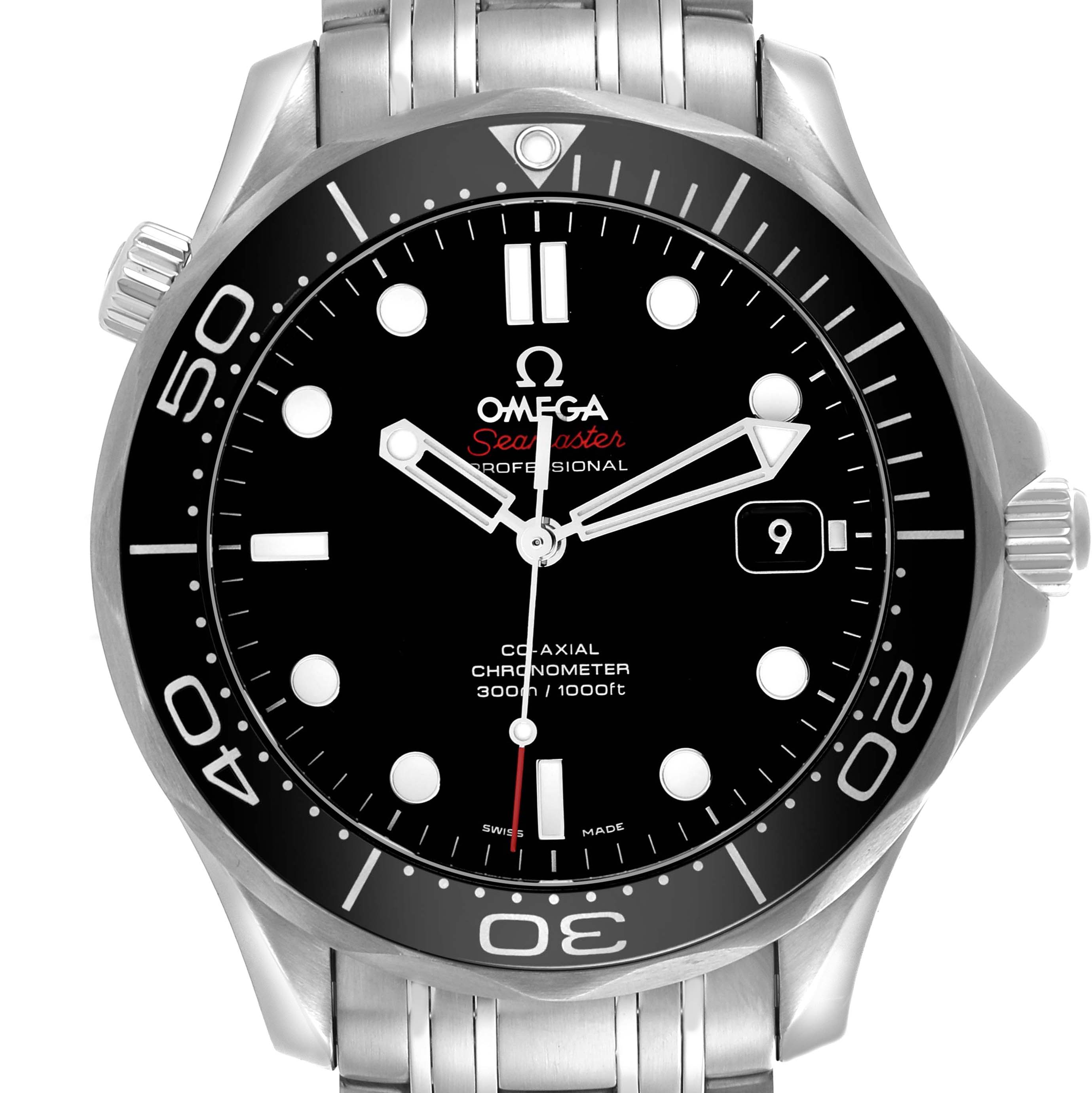 The image shows a frontal view of the Omega Seamaster 212.30.41.20.01.003 Men's Stainless Steel Black Dial 212.30.41.20.01.003 Men's Stainless Steel Black Dial watch, highlighting the dial, bezel, and part of the bracelet.