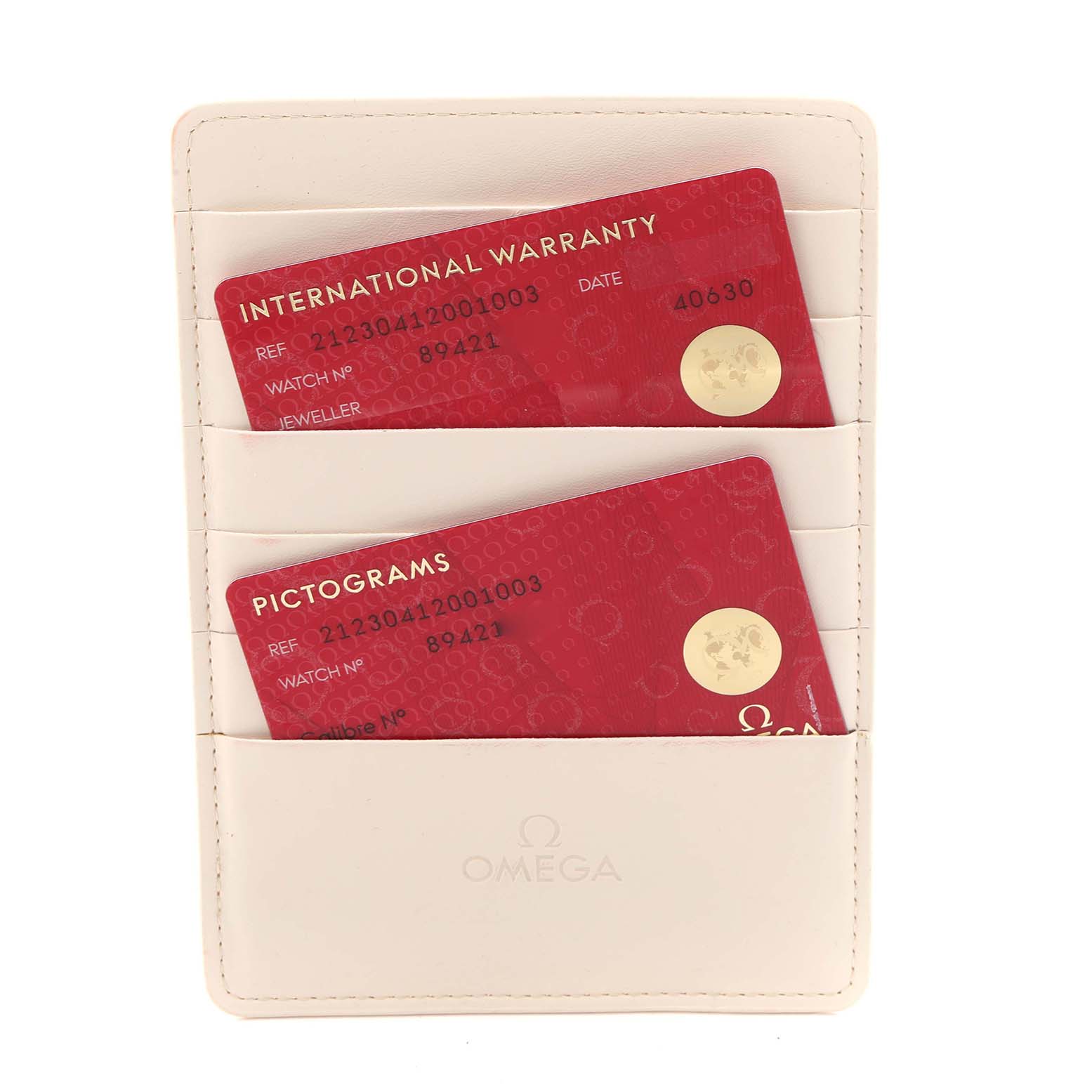 The image shows warranty and pictograms cards for the Omega Seamaster 212.30.41.20.01.003 Men's Stainless Steel Black Dial 212.30.41.20.01.003 Men's Stainless Steel Black Dial in a beige cardholder.