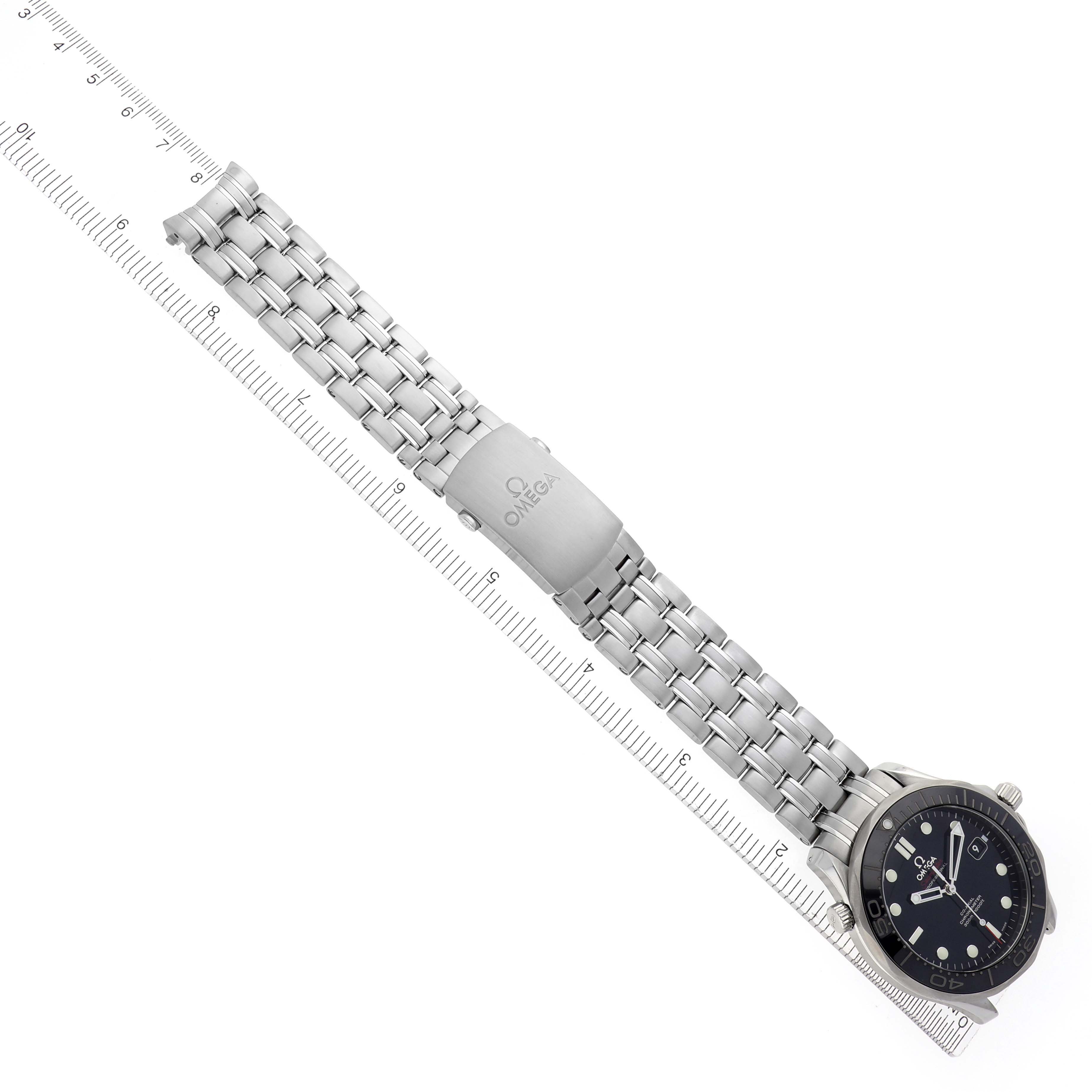 The Omega Seamaster 212.30.41.20.01.003 Men's Stainless Steel Black Dial 212.30.41.20.01.003 Men's Stainless Steel Black Dial model is shown from a top-down angle, highlighting the watch face and metal bracelet with clasp.