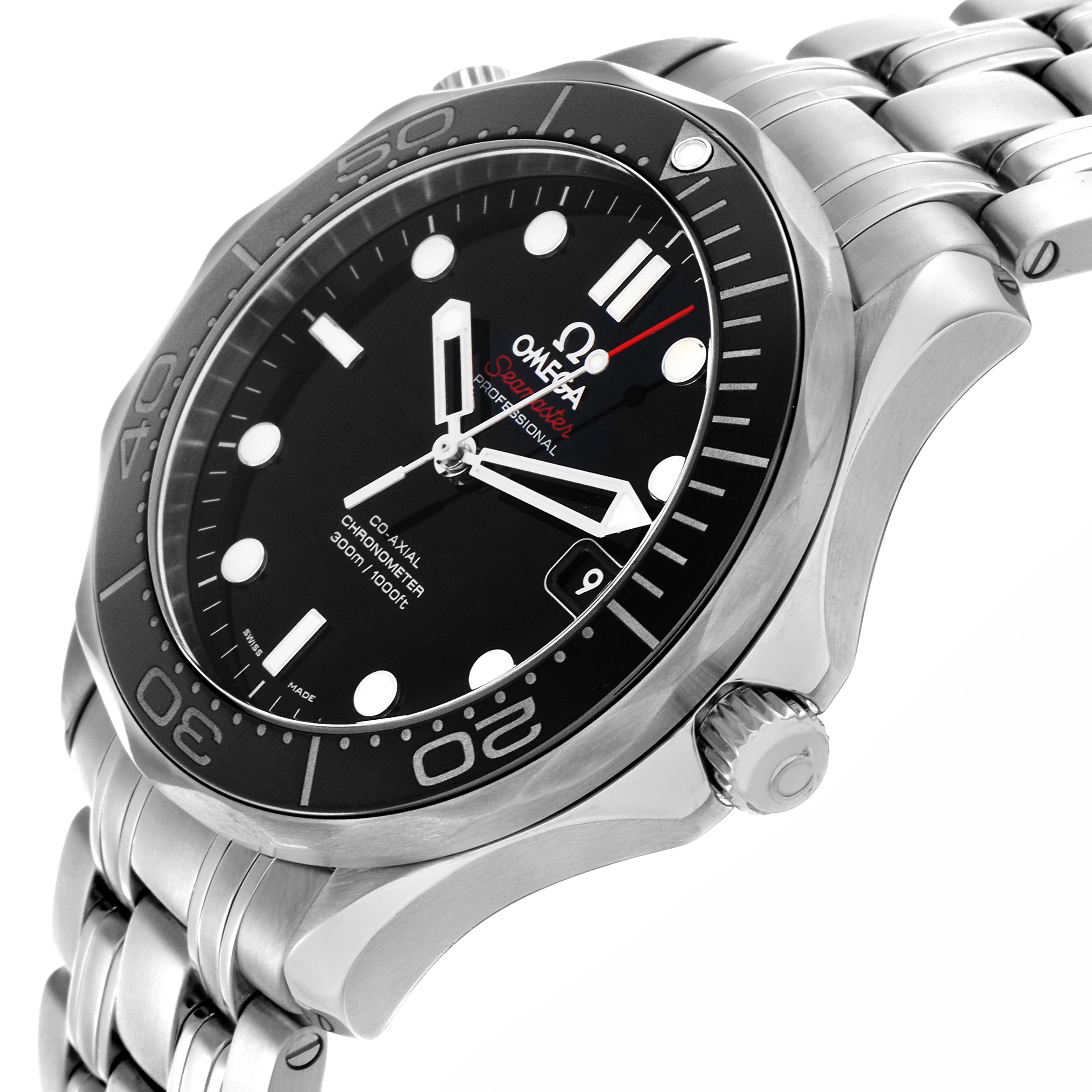The Omega Seamaster 212.30.41.20.01.003 Men's Stainless Steel Black Dial 212.30.41.20.01.003 Men's Stainless Steel Black Dial watch is shown at an angled side view, highlighting the bezel, dial, crown, and stainless steel bracelet.