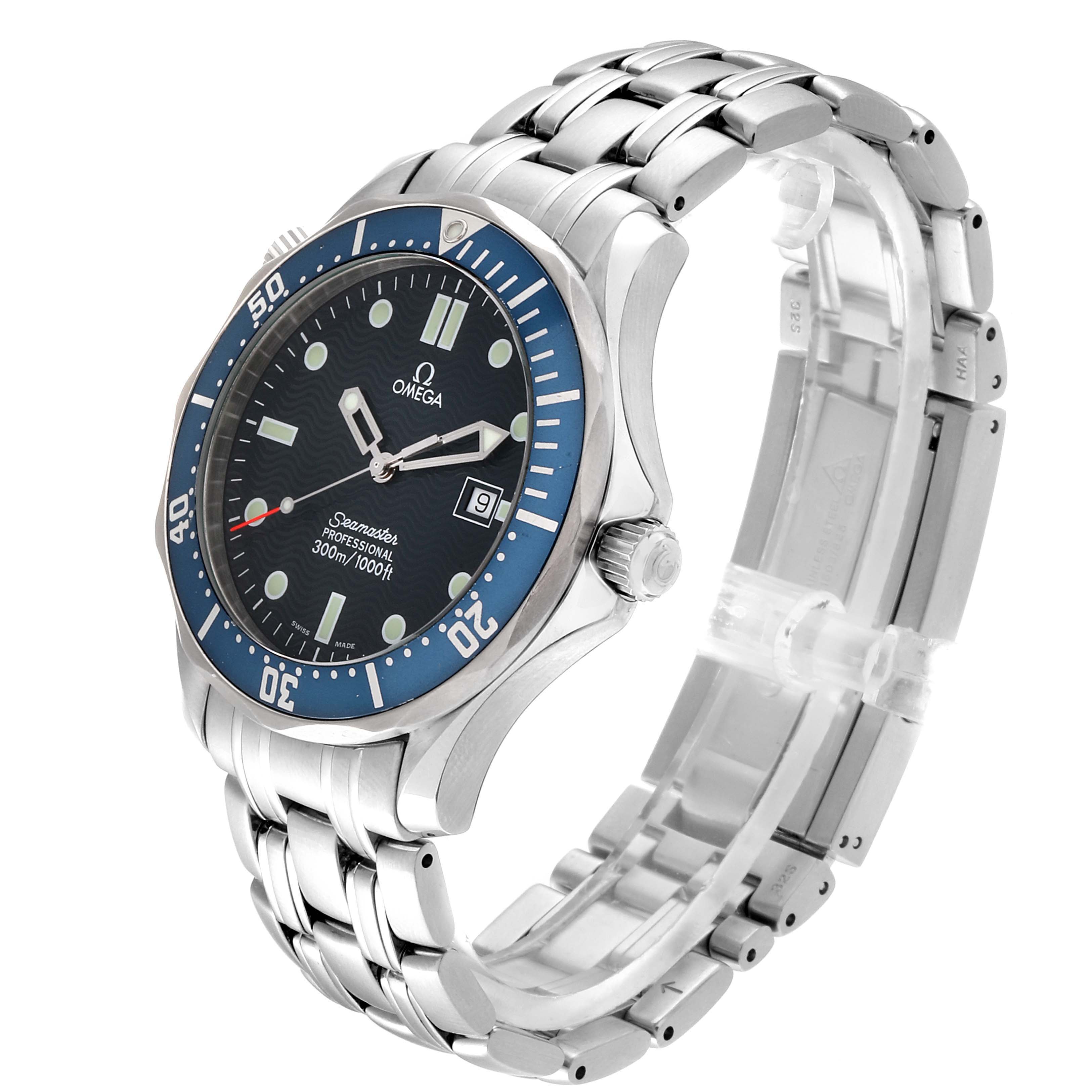 The image shows a side and front view of the Omega Seamaster 2541.80.00 Men
s Stainless Steel Blue Dial 2541.80.00 Men
s Stainless Steel Blue Dial watch, highlighting the face, bezel, crown, and bracelet.