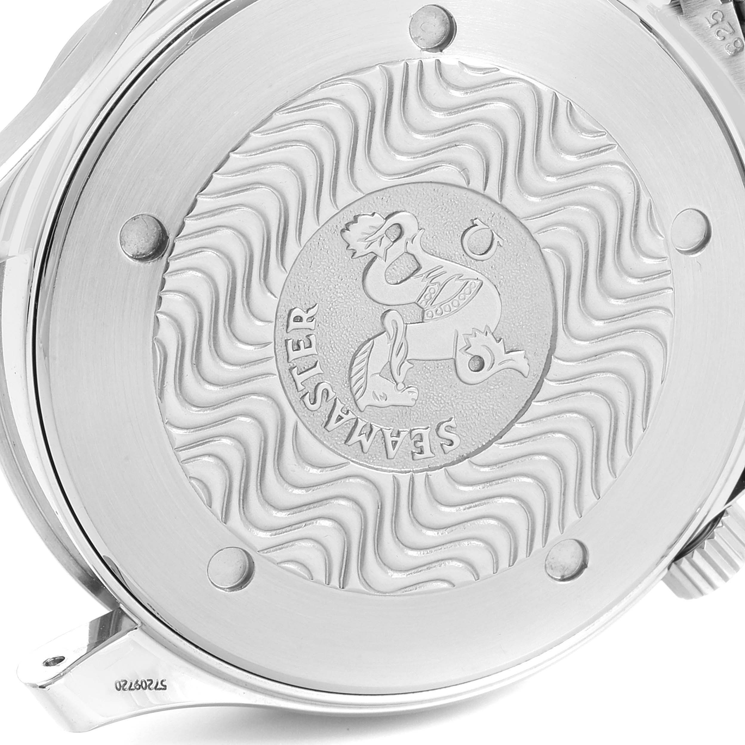 This is a close-up view of the caseback of an Omega Seamaster 2541.80.00 Men
s Stainless Steel Blue Dial 2541.80.00 Men
s Stainless Steel Blue Dial watch, showcasing its engraved design.