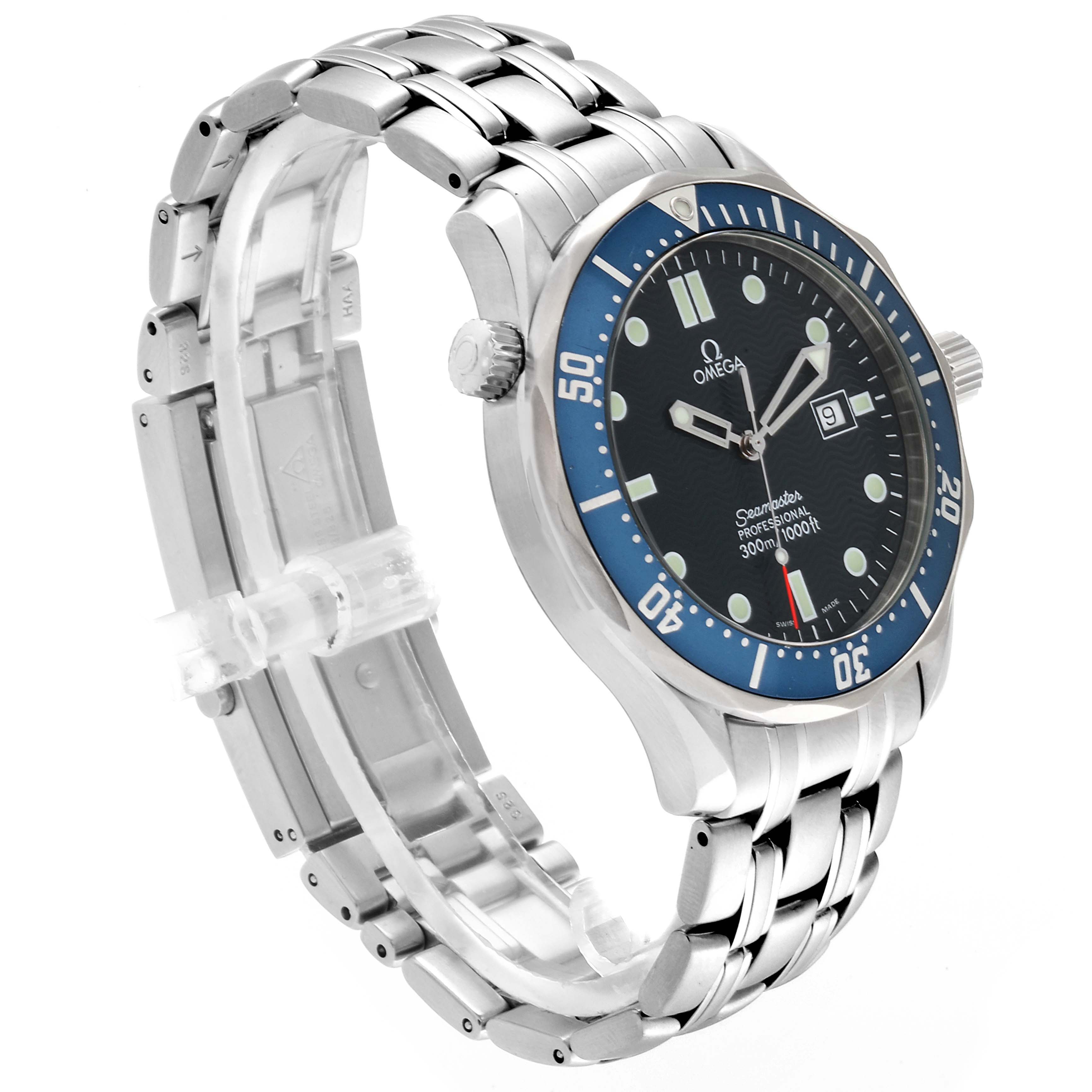 The Omega Seamaster 2541.80.00 Men
s Stainless Steel Blue Dial 2541.80.00 Men
s Stainless Steel Blue Dial watch is shown at an angle displaying its face, bezel, crown, and stainless steel bracelet.