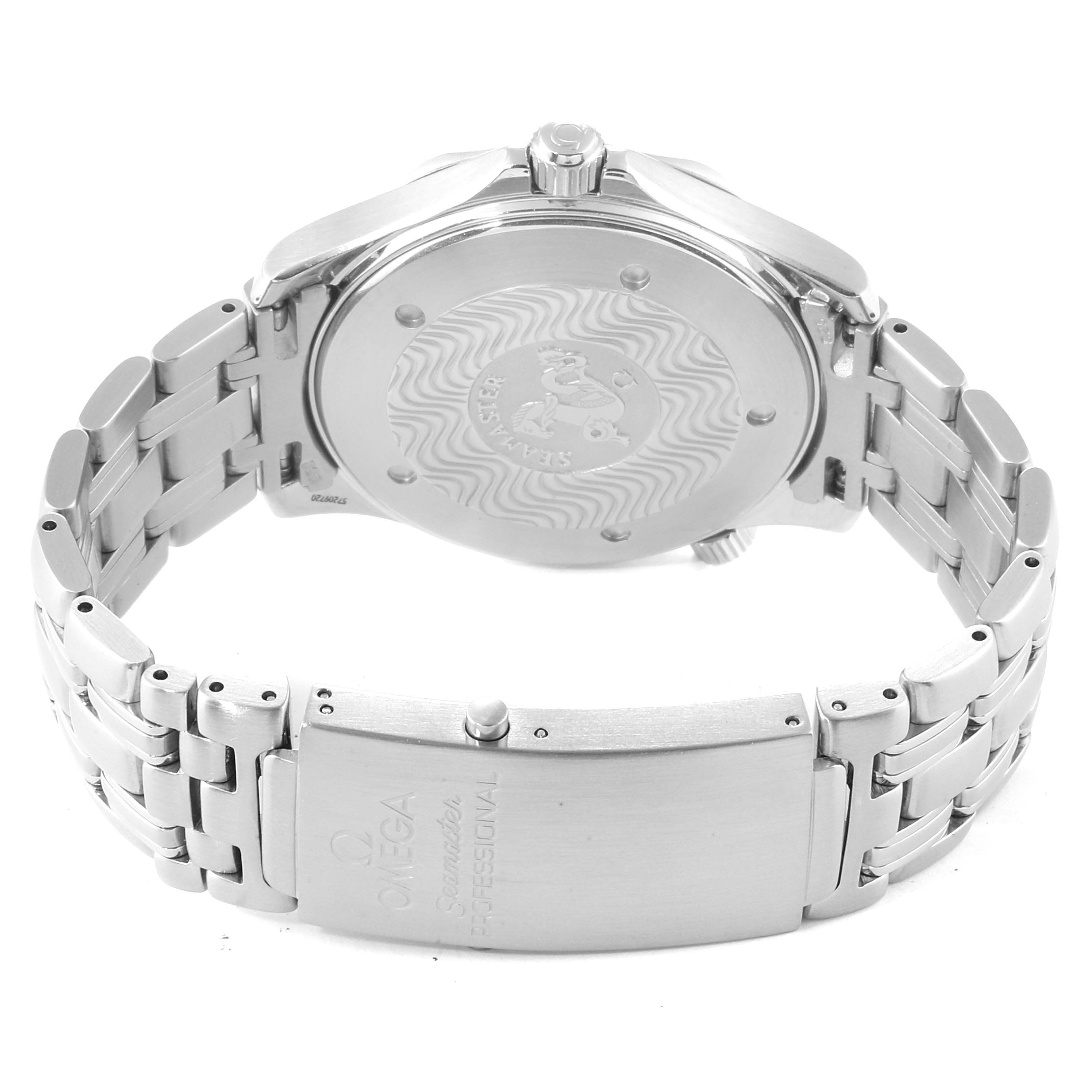 The image shows the back case and bracelet of an Omega Seamaster 2541.80.00 Men
s Stainless Steel Blue Dial 2541.80.00 Men
s Stainless Steel Blue Dial watch, focusing on the clasp and engraved back.