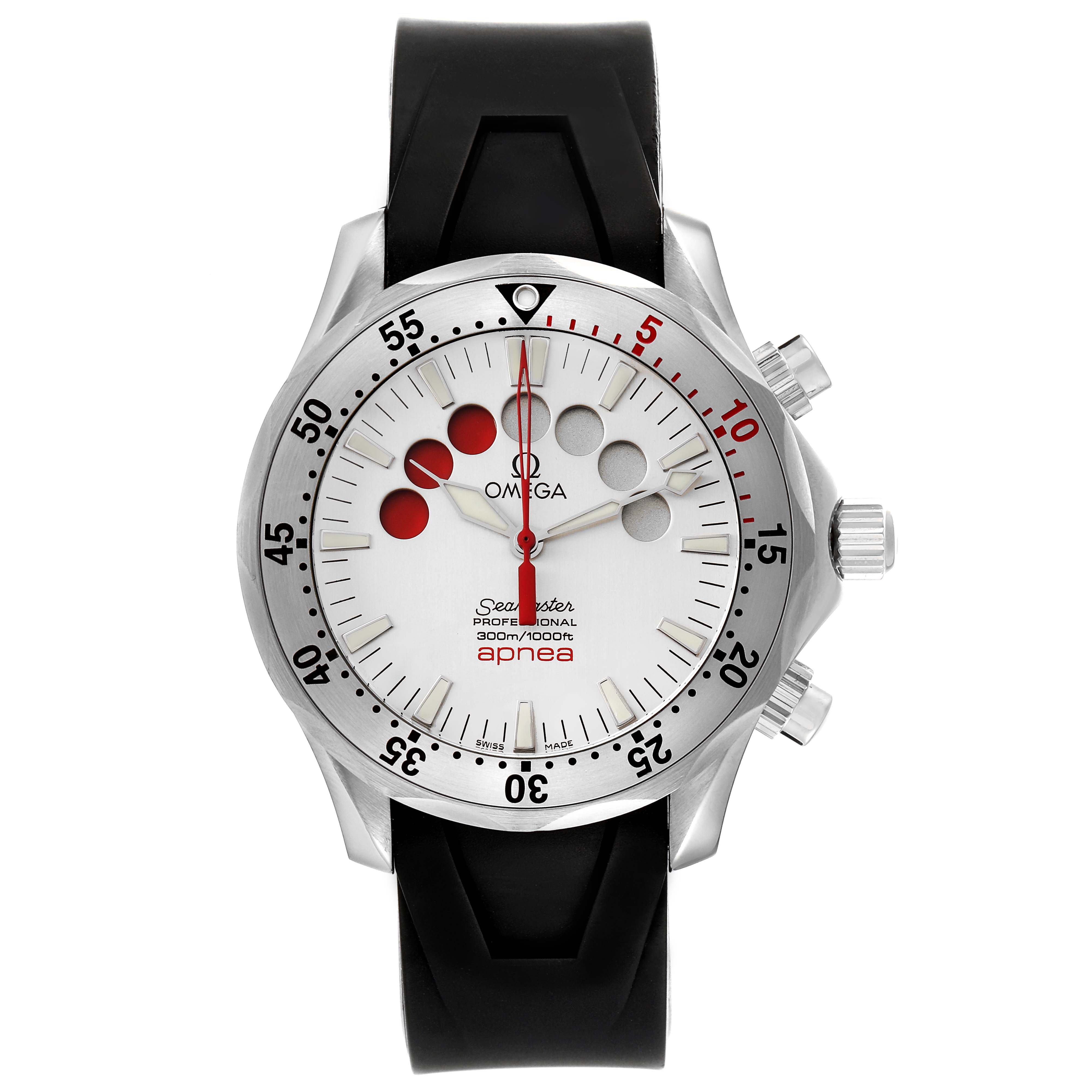 The image shows the front view of an Omega Seamaster 2895.30.91 Men's Stainless Steel Silver Dial 2895.30.91 Men's Stainless Steel Silver Dial Apnea watch with a black strap and white dial.