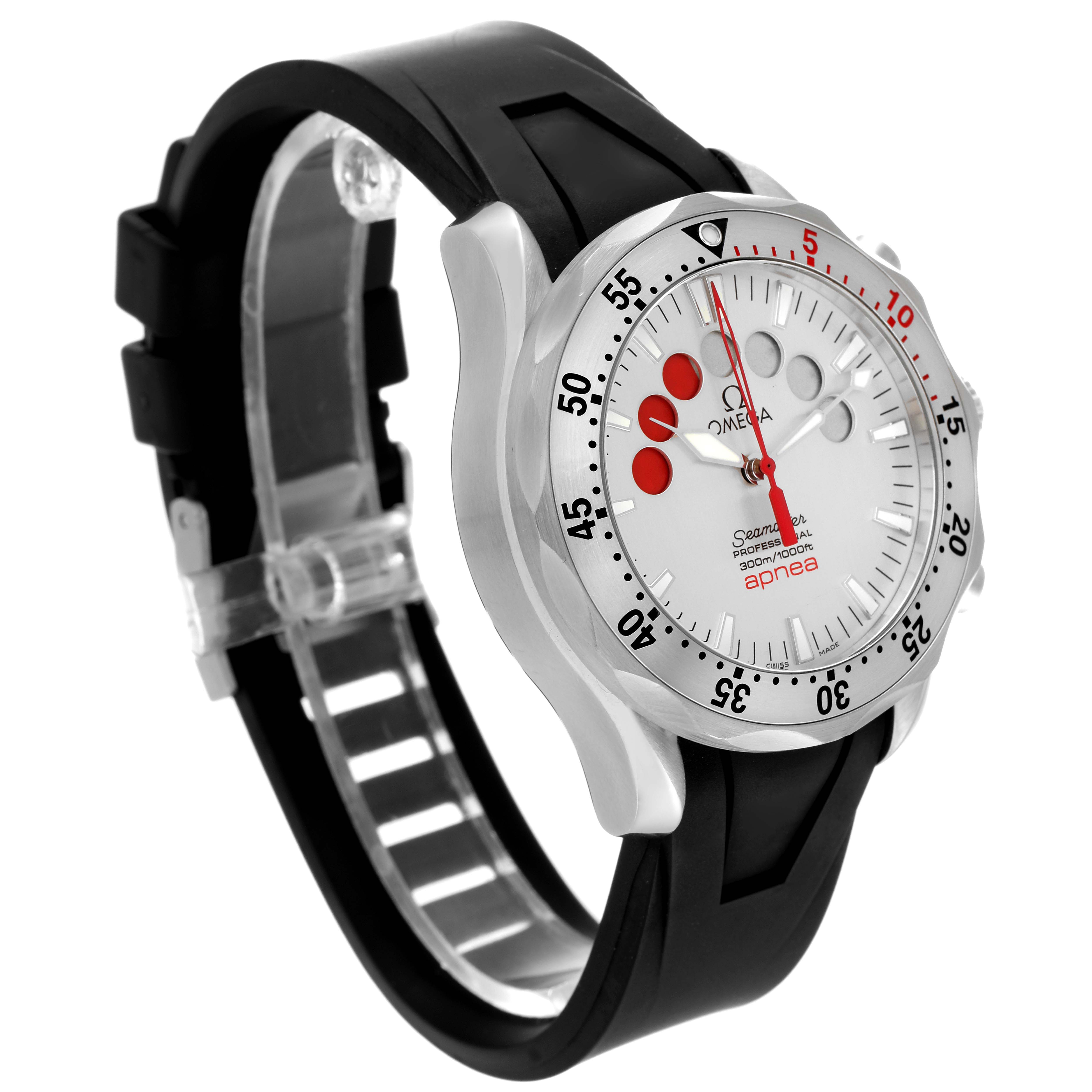 This Omega Seamaster 2895.30.91 Men's Stainless Steel Silver Dial 2895.30.91 Men's Stainless Steel Silver Dial watch is shown at a three-quarter angle, featuring its face, bezel, and strap.