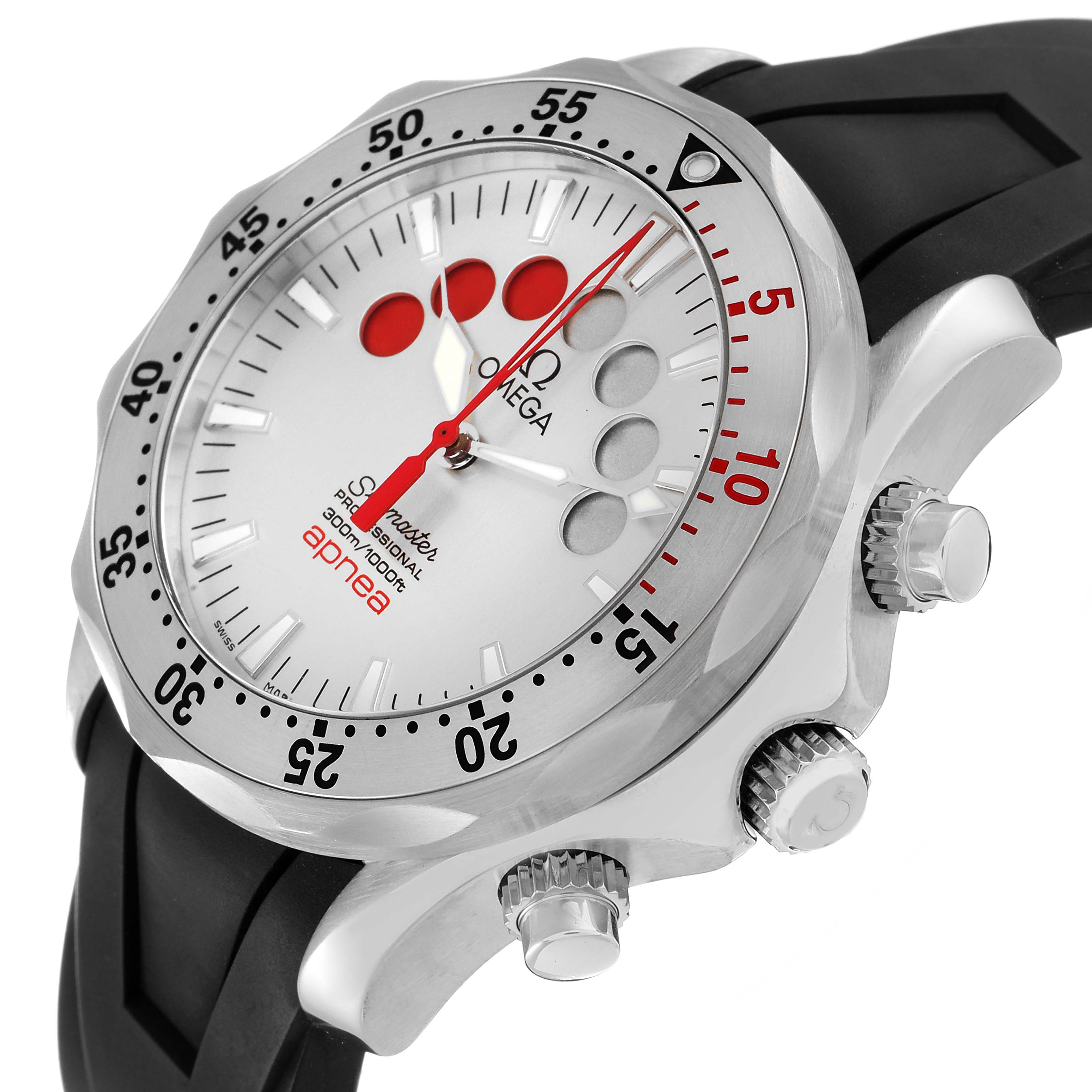The image shows an angled view of an Omega Seamaster 2895.30.91 Men's Stainless Steel Silver Dial 2895.30.91 Men's Stainless Steel Silver Dial Apnea watch, highlighting its bezel, dial, and two side buttons.