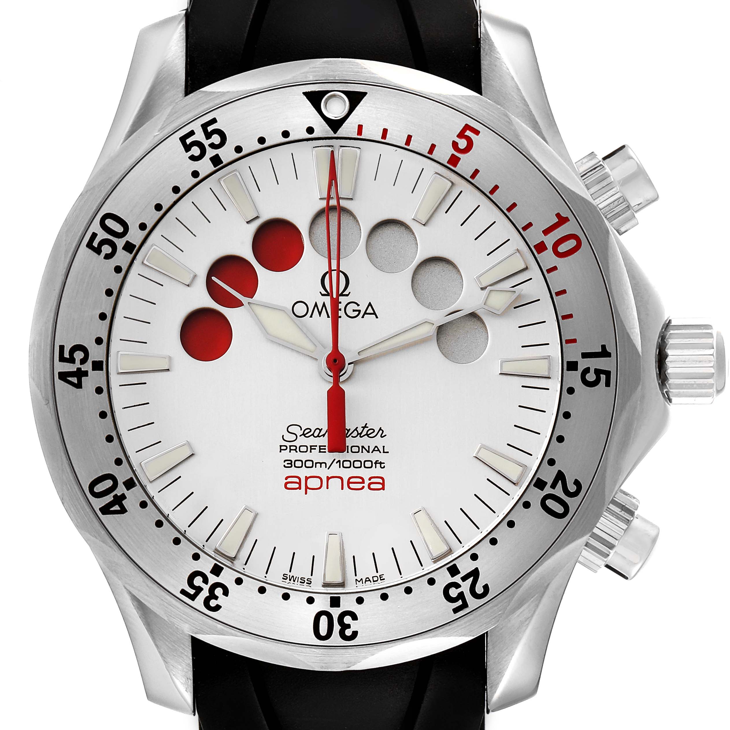 The image shows a front view of the Omega Seamaster 2895.30.91 Men's Stainless Steel Silver Dial 2895.30.91 Men's Stainless Steel Silver Dial Apnea watch, highlighting the bezel, dial, hands, and push buttons.