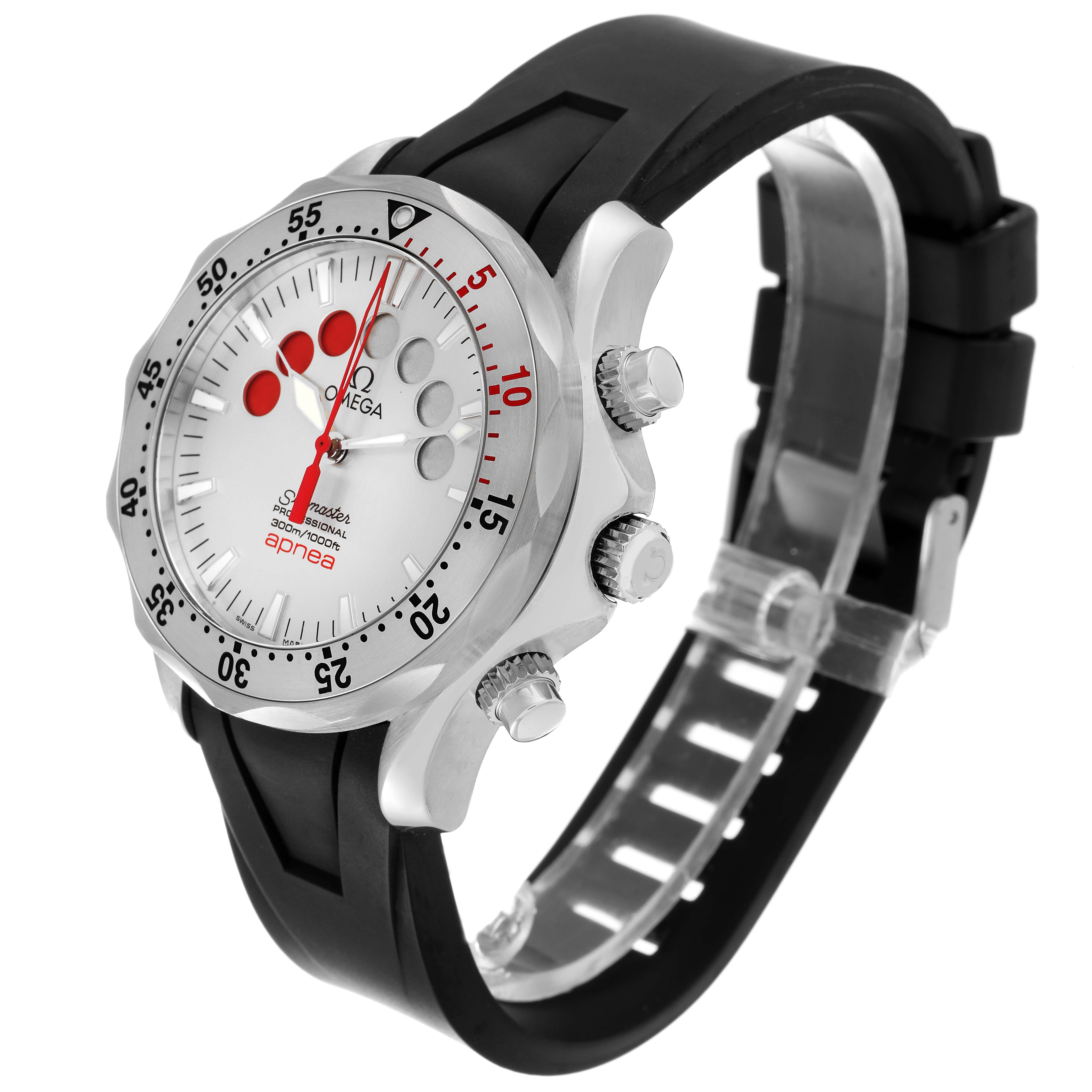 The Omega Seamaster 2895.30.91 Men's Stainless Steel Silver Dial 2895.30.91 Men's Stainless Steel Silver Dial watch is shown at a three-quarter angle, highlighting the bezel, dial, hands, and crown with a black strap.