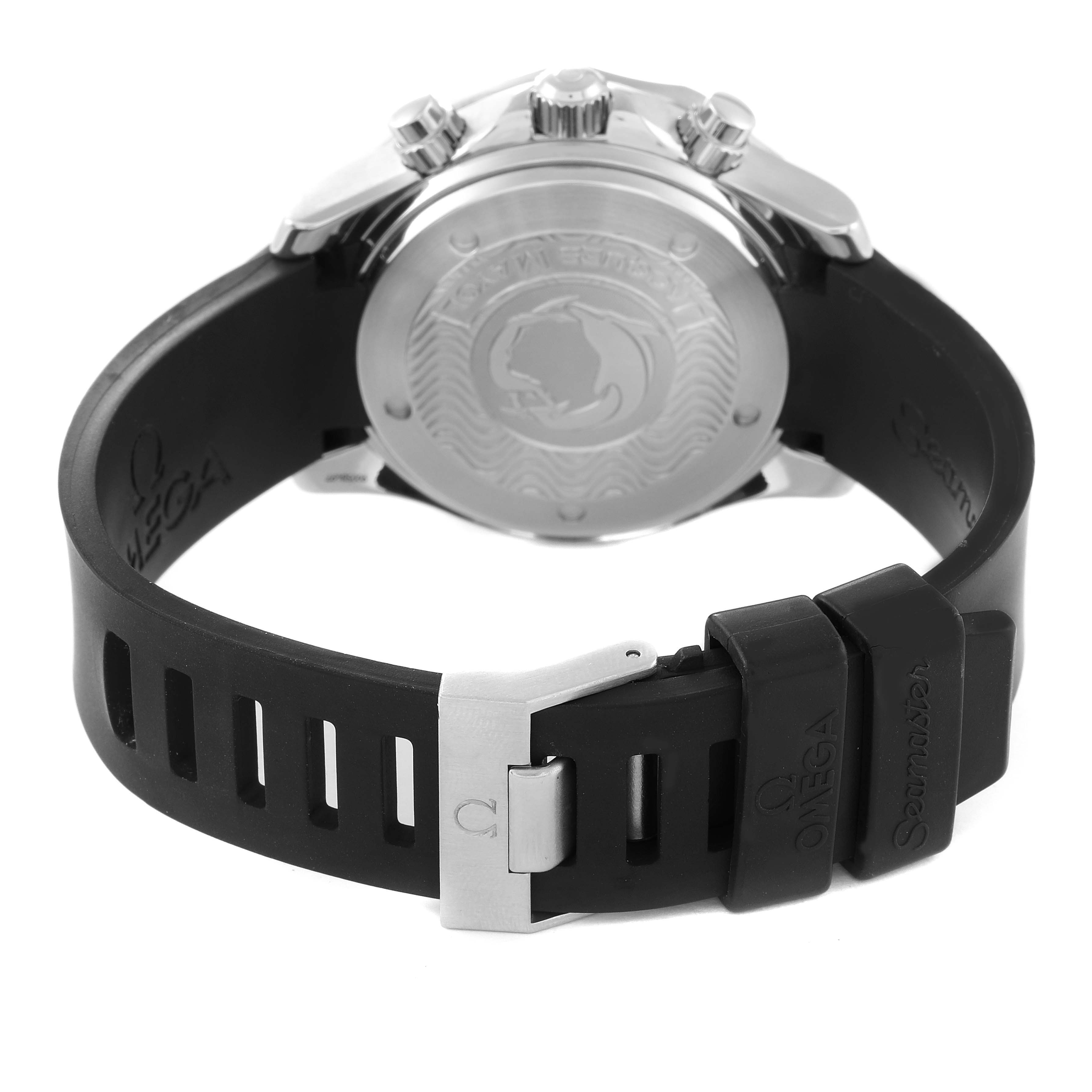 The image shows the back view of an Omega Seamaster 2895.30.91 Men's Stainless Steel Silver Dial 2895.30.91 Men's Stainless Steel Silver Dial watch featuring the case back and the black rubber strap with the clasp.