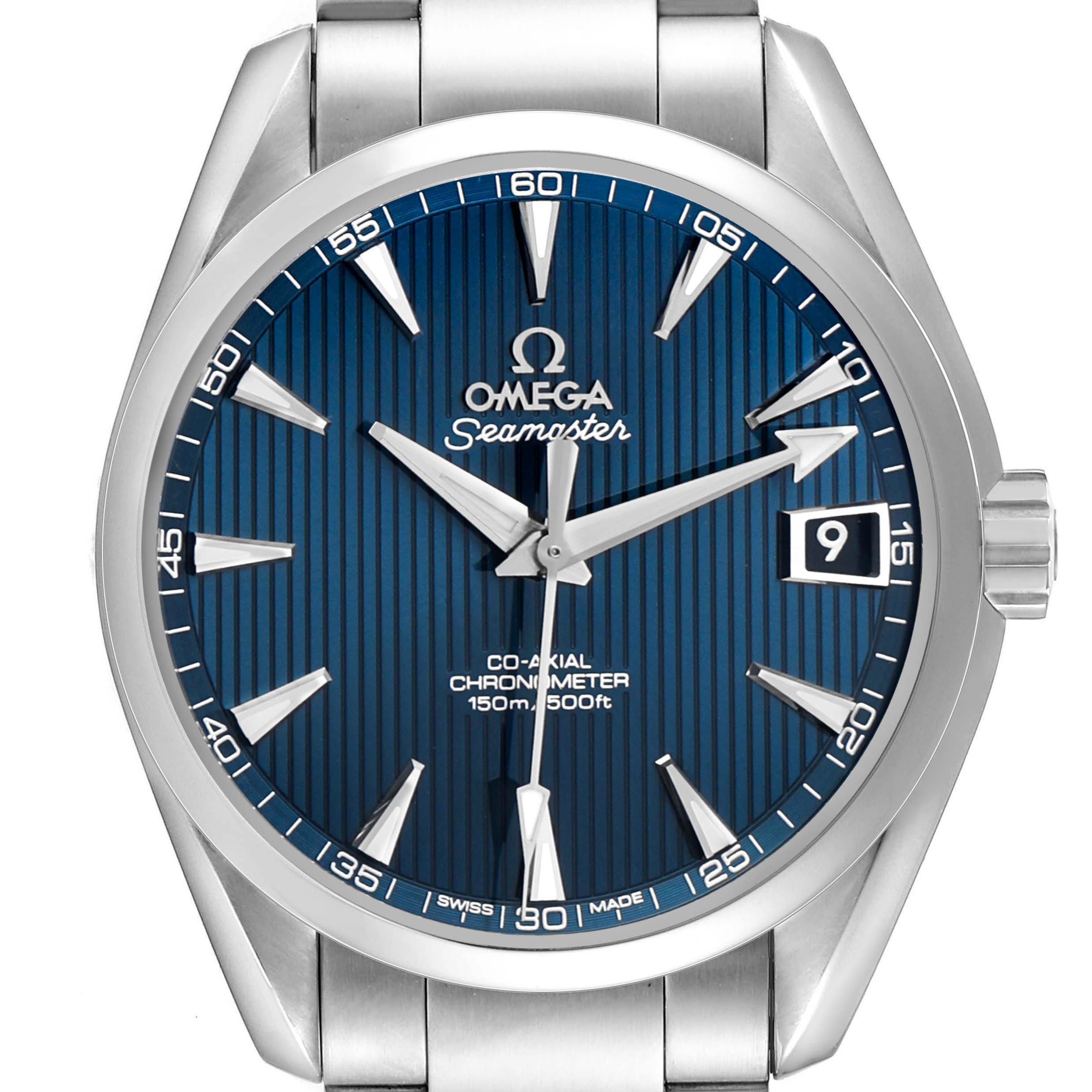 The image shows a front view of an Omega Aqua Terra 231.10.39.21.03.001 Men's Stainless Steel Blue Dial, displaying the blue dial, hands, indices, and date window.