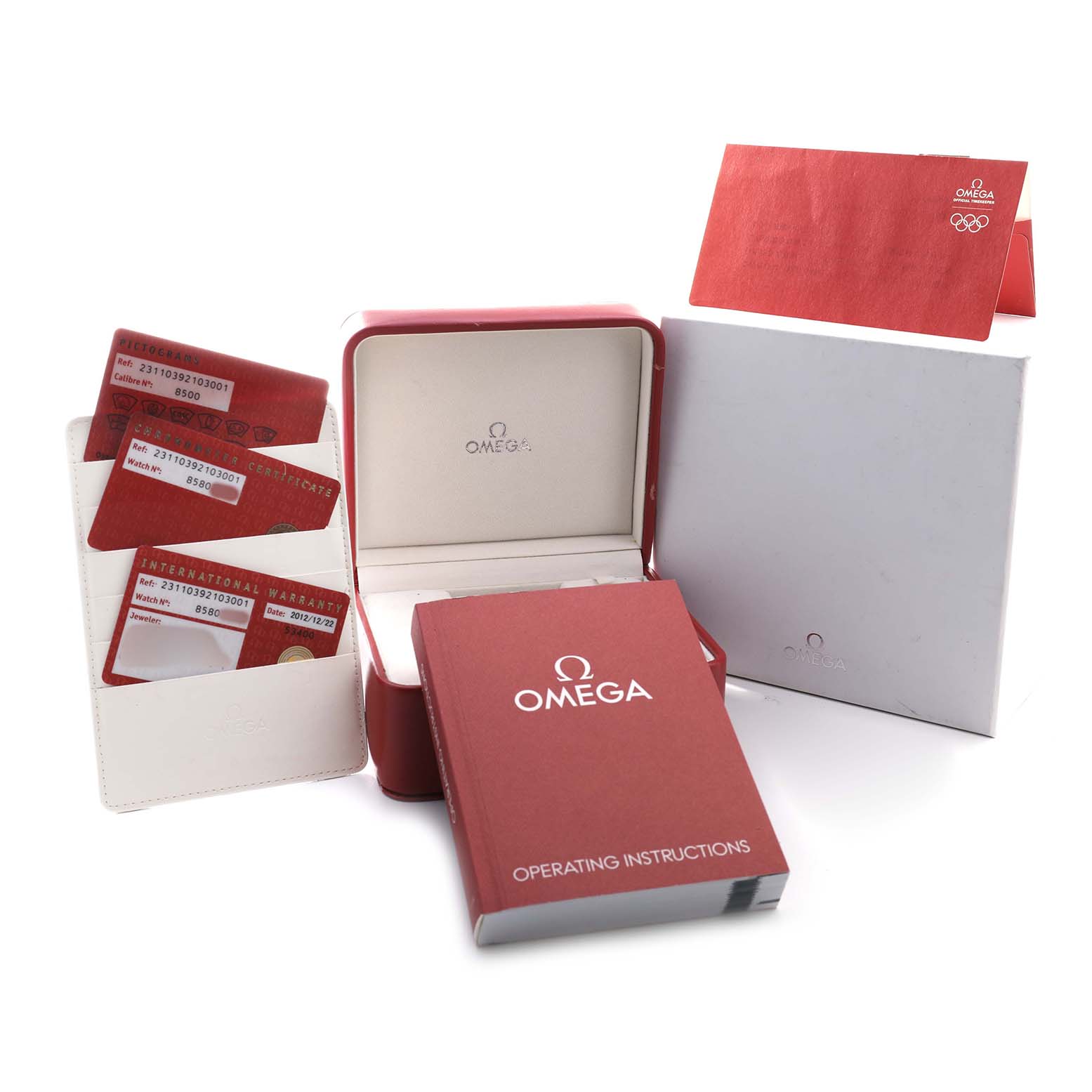 The image shows the Omega Aqua Terra 231.10.39.21.03.001 Men's Stainless Steel Blue Dial watch's packaging and accessories, including cards, a box, and manuals from a frontal angle.