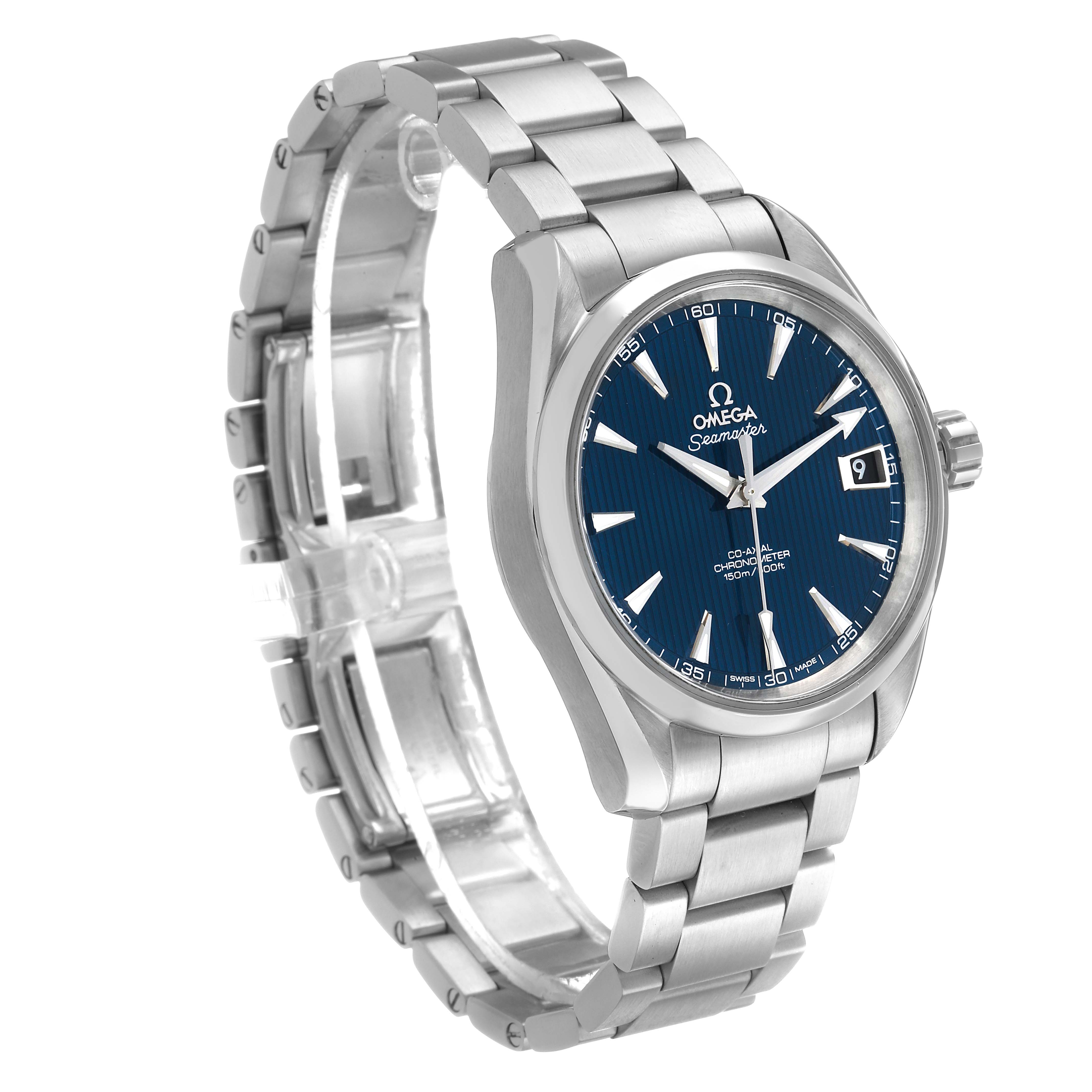 The Omega Aqua Terra 231.10.39.21.03.001 Men's Stainless Steel Blue Dial watch is shown at a three-quarter angle, highlighting the blue dial, hands, date display, and metal bracelet.