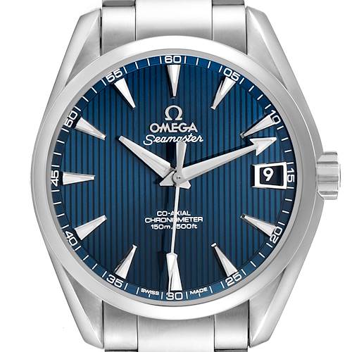 The Omega Aqua Terra 231.10.39.21.03.001 Men's Stainless Steel Blue Dial watch is shown from the front, highlighting the blue dial, hands, date window, and bracelet.