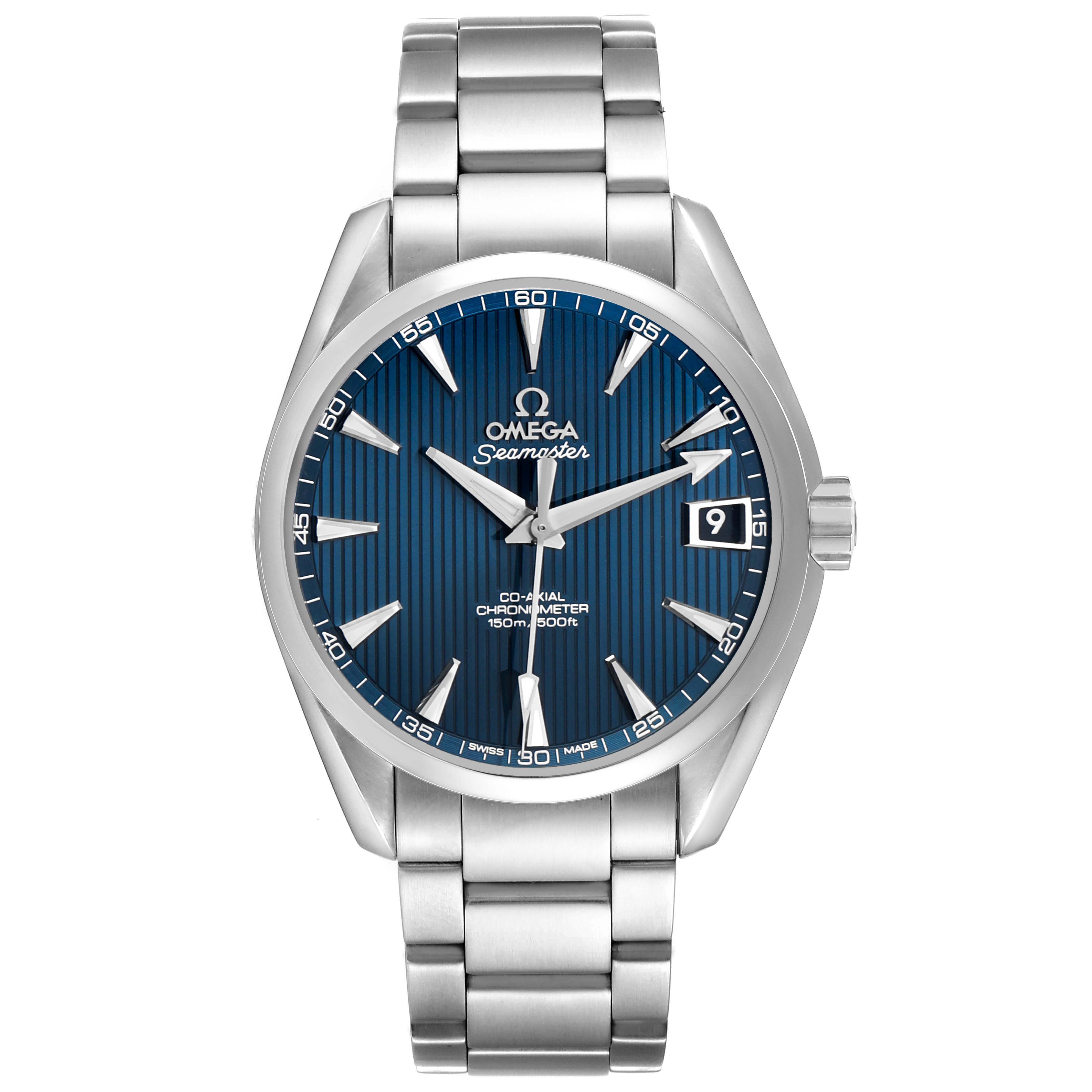 The Omega Aqua Terra 231.10.39.21.03.001 Men's Stainless Steel Blue Dial watch is shown from a front angle, displaying the face, bracelet, and crown.