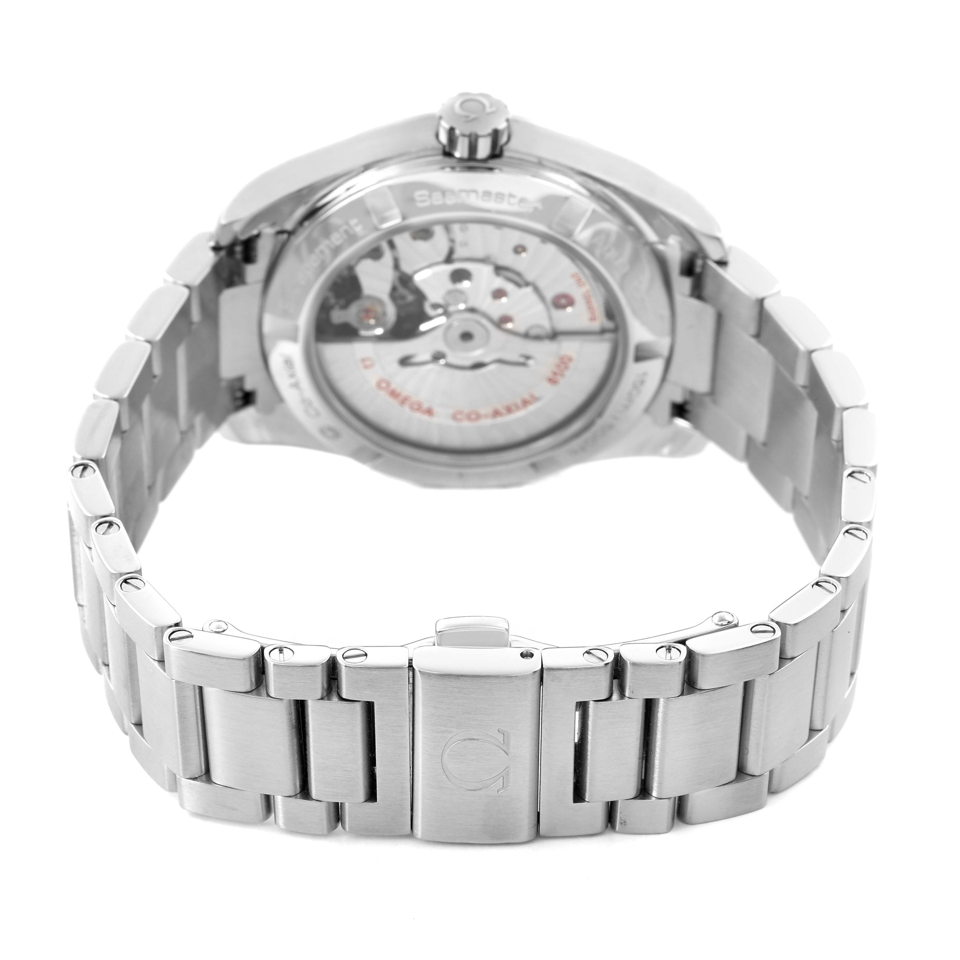 The image shows the back angle of the Omega Aqua Terra 231.10.39.21.03.001 Men's Stainless Steel Blue Dial, highlighting the exposed movement and metal bracelet clasp.