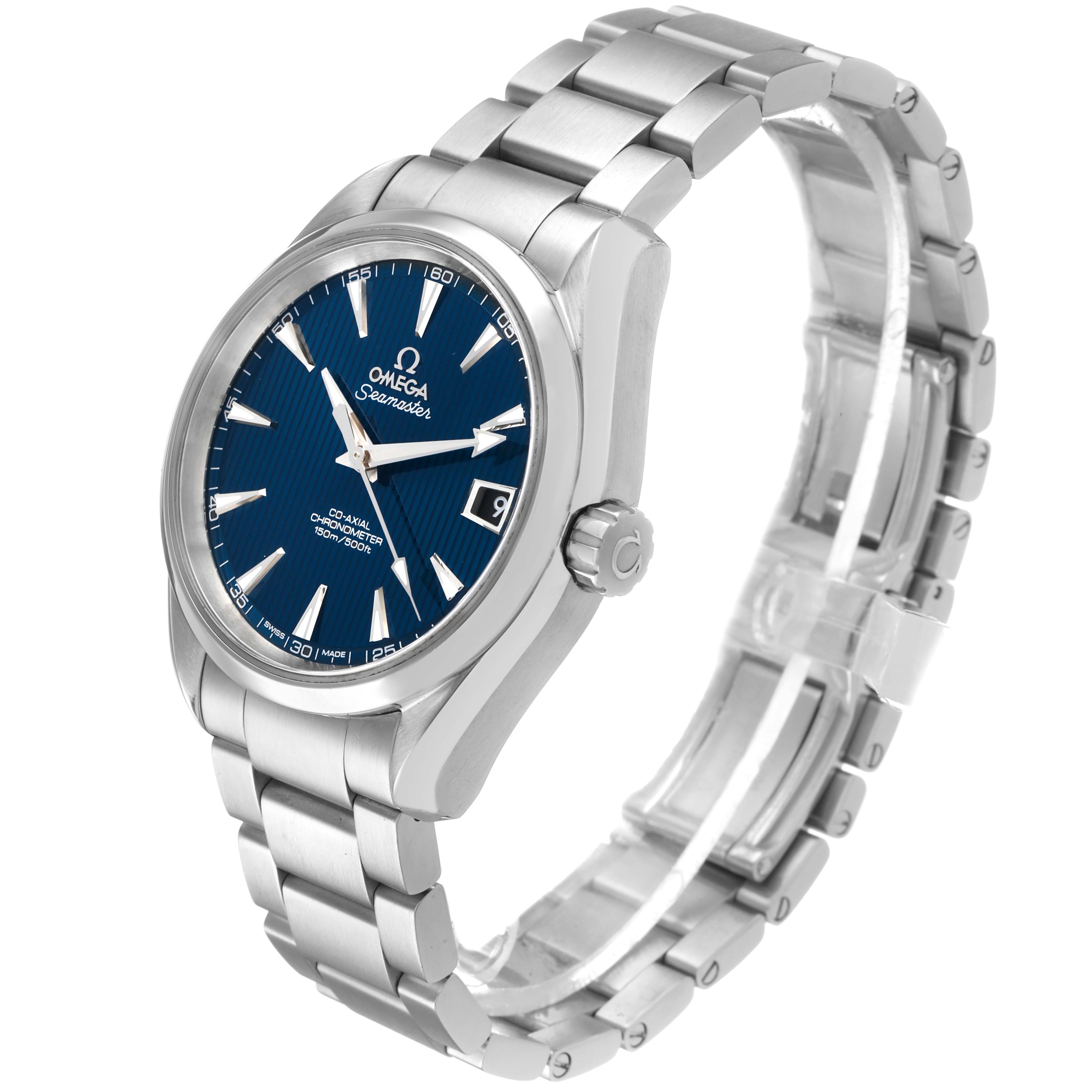 The Omega Aqua Terra 231.10.39.21.03.001 Men's Stainless Steel Blue Dial watch is shown in a three-quarter angle displaying its face, crown, and bracelet.