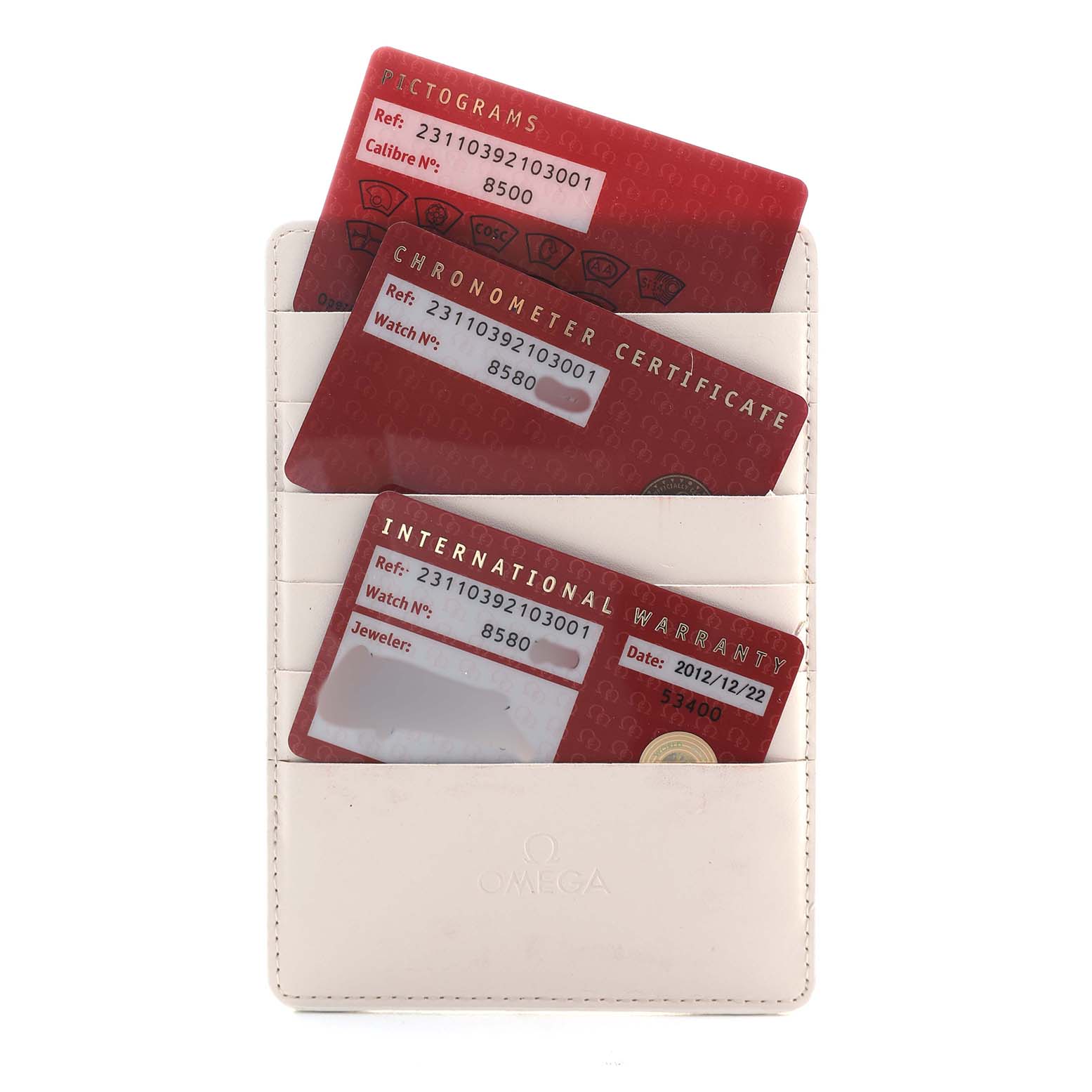 The image shows warranty cards and certificates for an Omega Aqua Terra 231.10.39.21.03.001 Men's Stainless Steel Blue Dial watch.