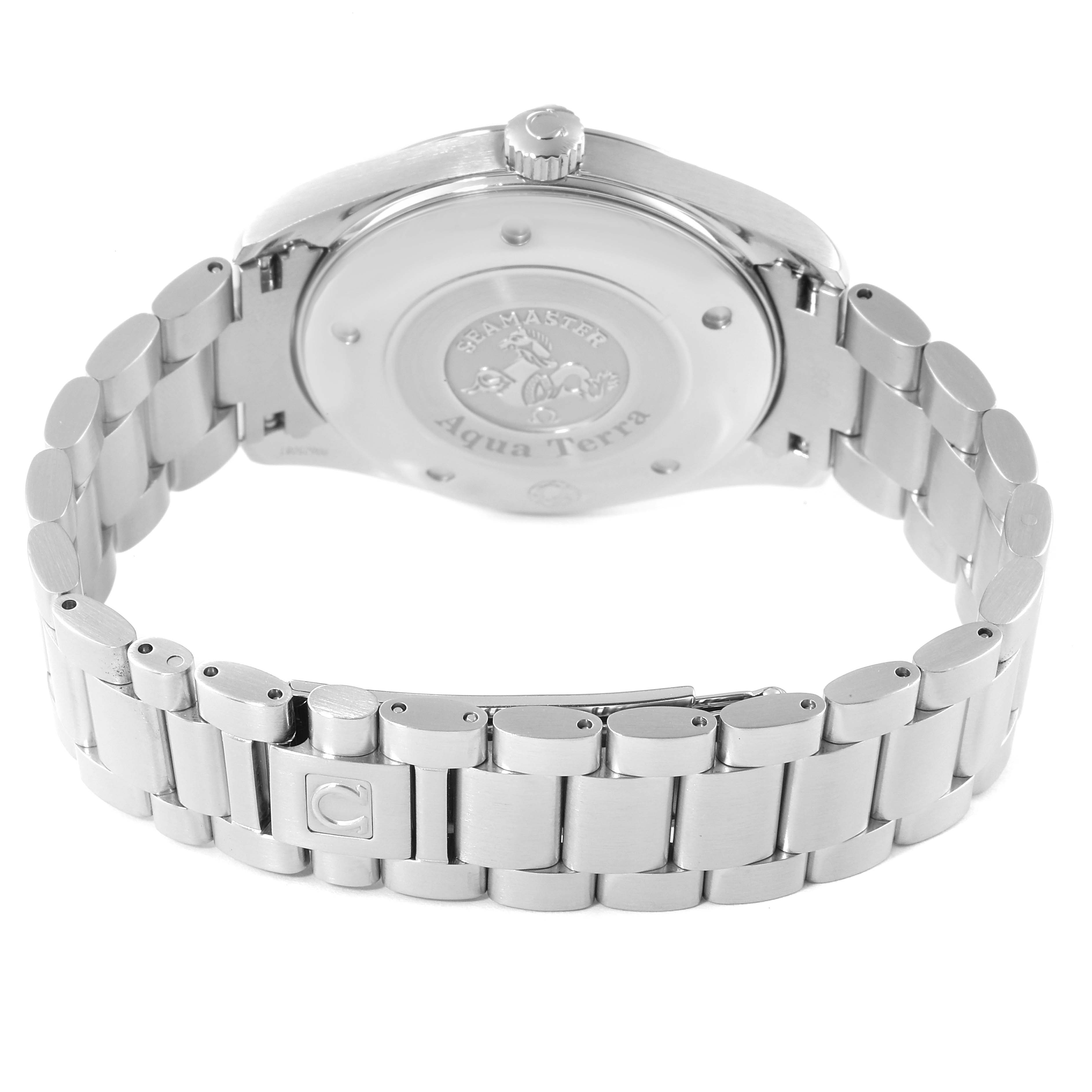 The image shows the back and bracelet of the Omega Aqua Terra 2517.50.00 Men's Stainless Steel Black Dial 2517.50.00 Men's Stainless Steel Black Dial watch from a slightly elevated rear angle.