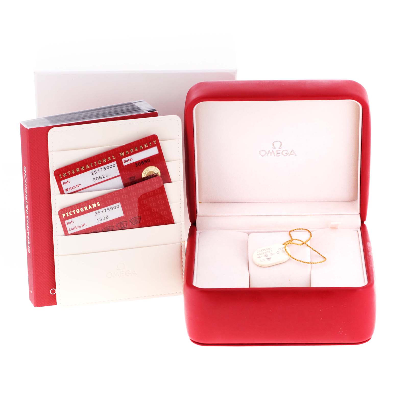 The image shows the packaging, warranty cards, and a tag for the Omega Aqua Terra 2517.50.00 Men's Stainless Steel Black Dial 2517.50.00 Men's Stainless Steel Black Dial model watch, with the watch box open to display its interior.