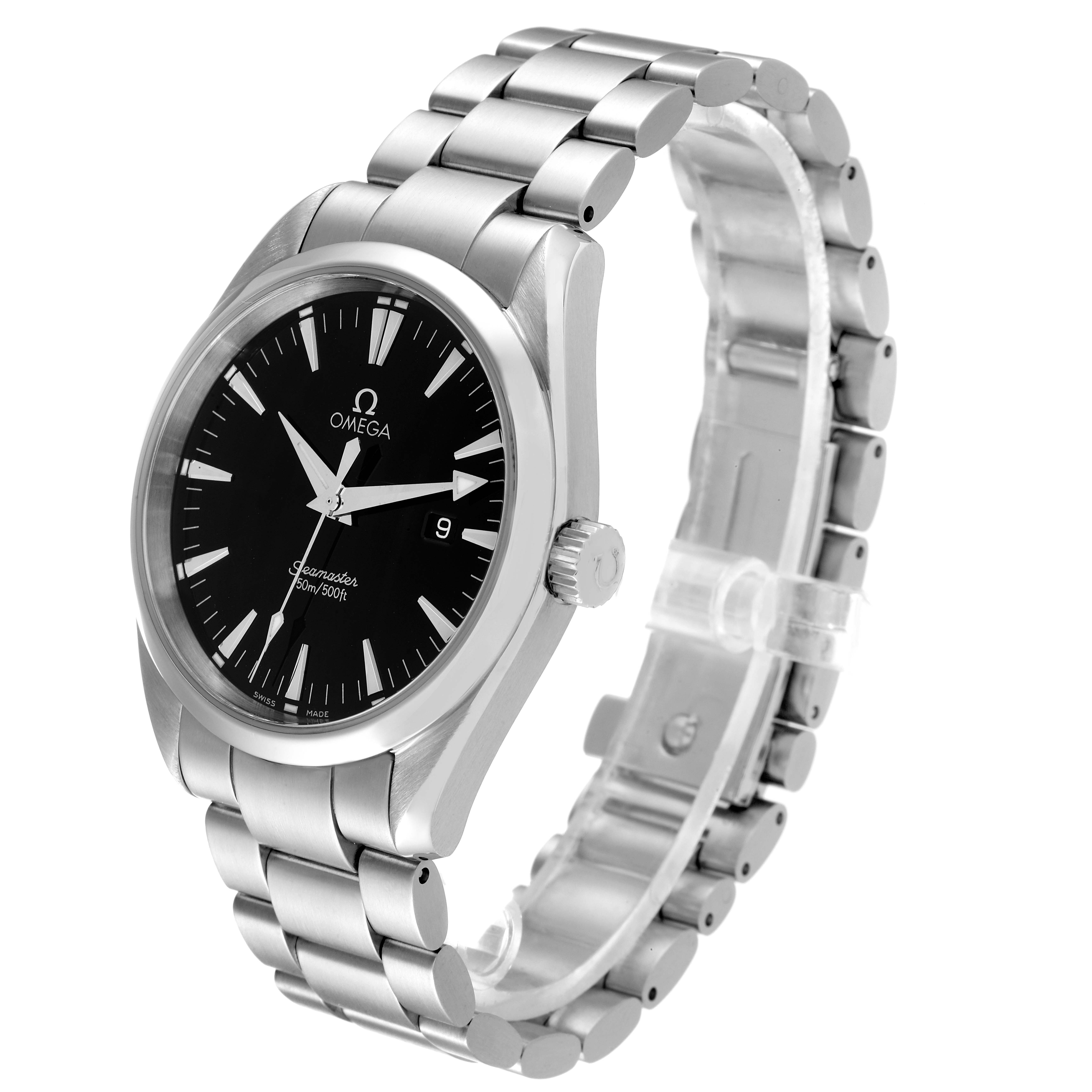 This image shows a side angle of the Omega Aqua Terra 2517.50.00 Men's Stainless Steel Black Dial 2517.50.00 Men's Stainless Steel Black Dial watch, focusing on its face, bezel, bracelet, and crown.