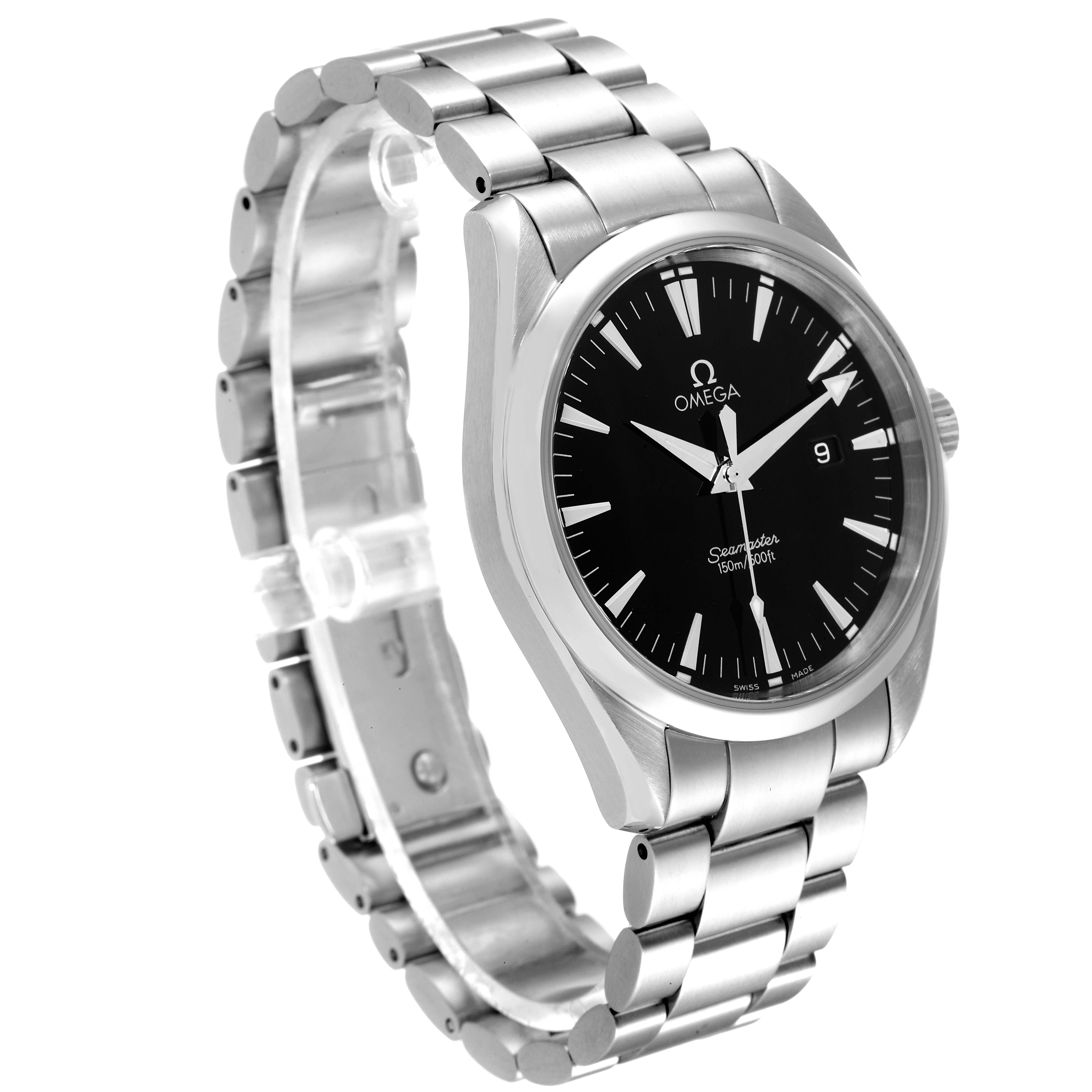 This image shows an angled view of the Omega Aqua Terra 2517.50.00 Men's Stainless Steel Black Dial 2517.50.00 Men's Stainless Steel Black Dial watch, displaying the face, case, and bracelet.