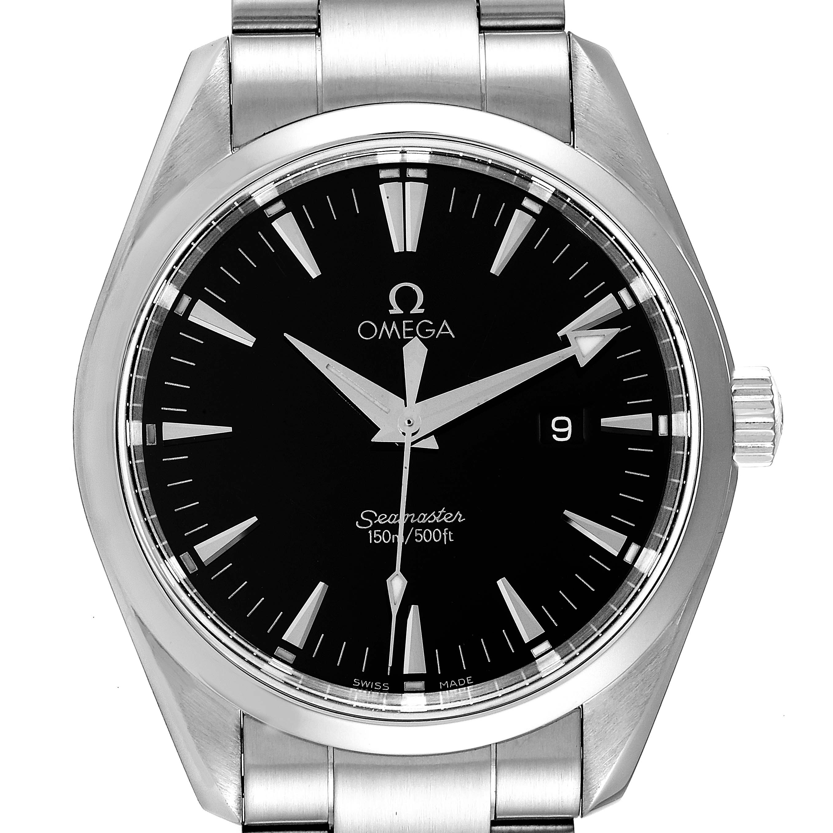 The image shows a front view of the Omega Aqua Terra 2517.50.00 Men's Stainless Steel Black Dial 2517.50.00 Men's Stainless Steel Black Dial watch face, including its black dial, hands, markers, date window, and part of the stainless steel bracelet.