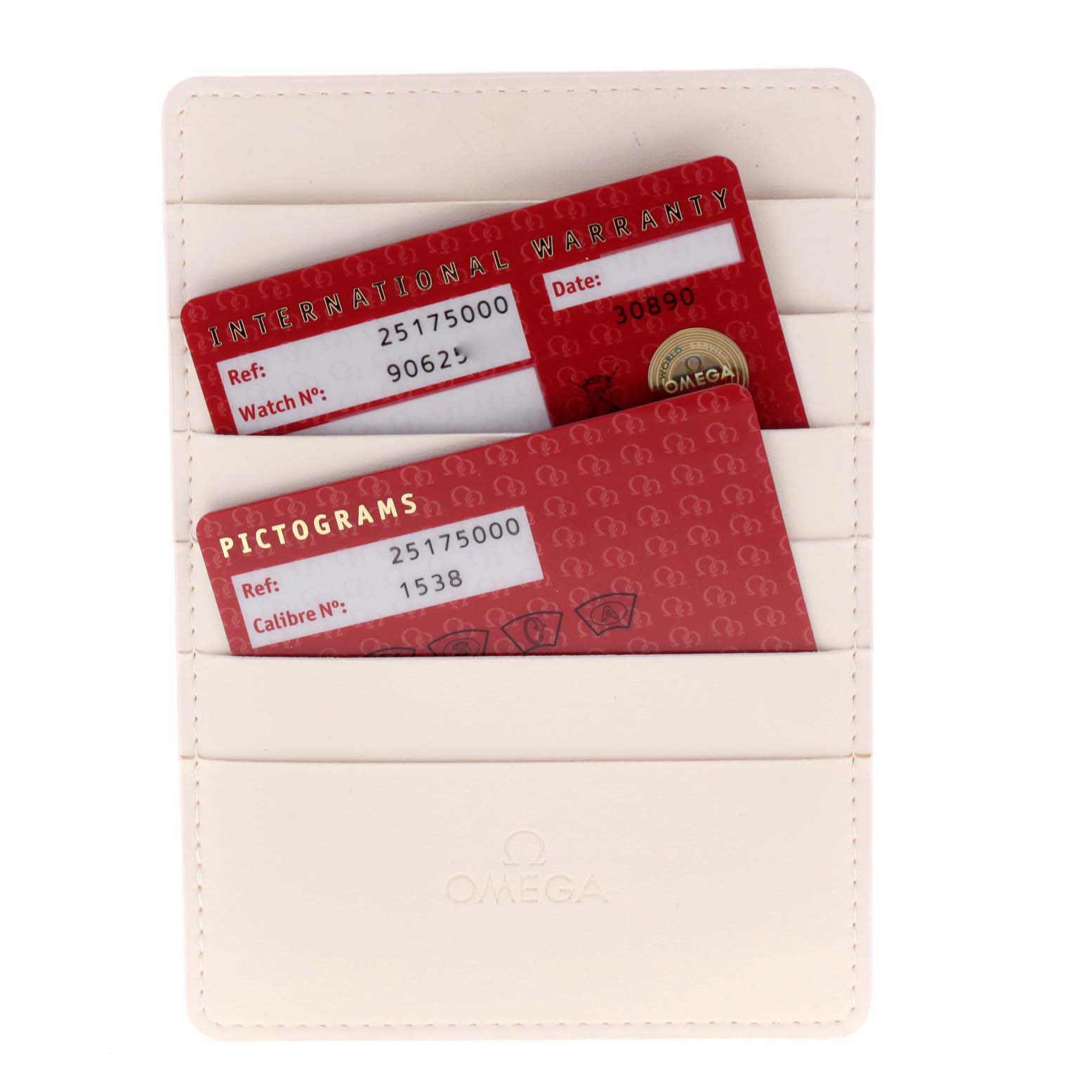 The image shows warranty and pictograms cards for the Omega Aqua Terra 2517.50.00 Men's Stainless Steel Black Dial 2517.50.00 Men's Stainless Steel Black Dial model, inserted in a white Omega-branded cardholder.