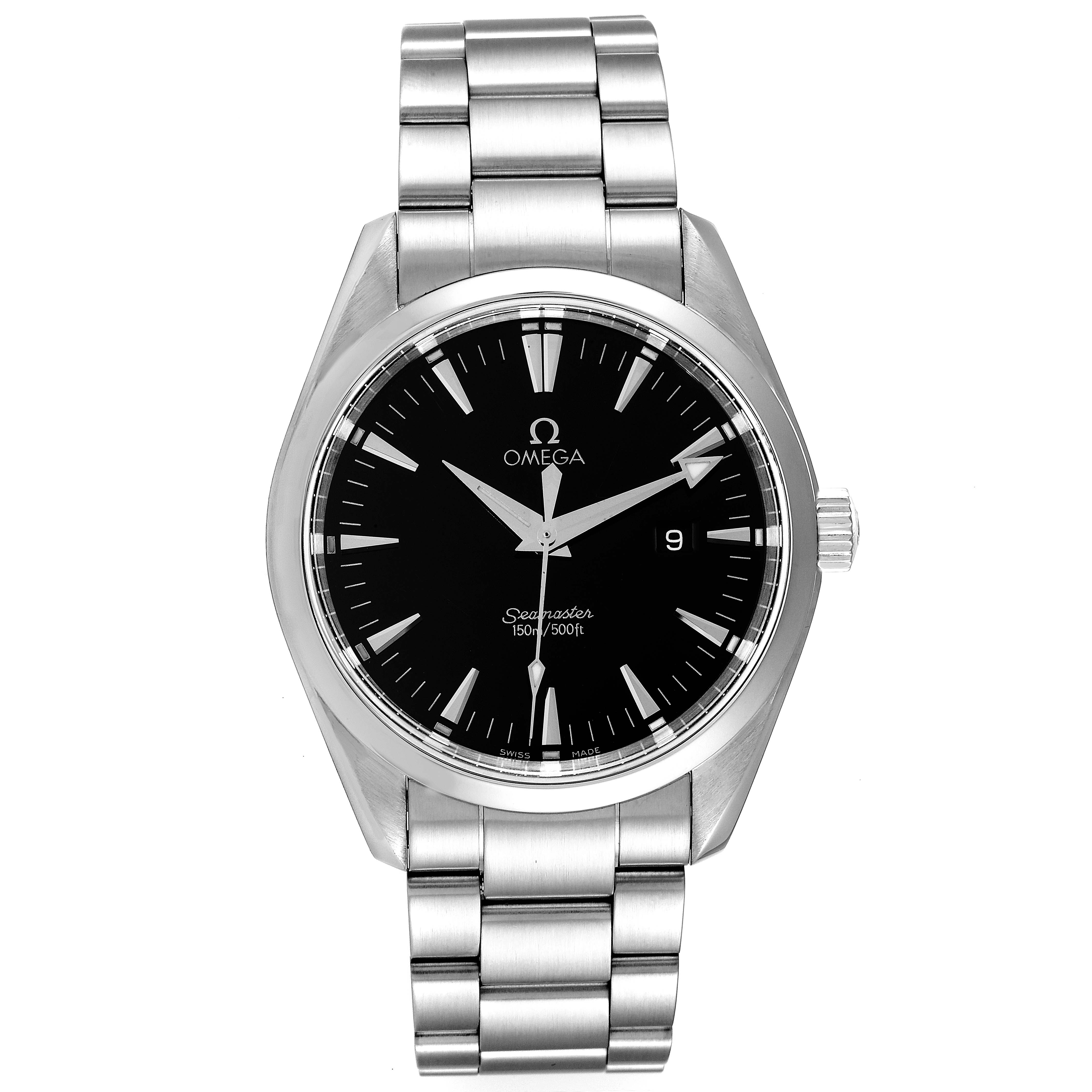 The image shows a frontal view of the Omega Aqua Terra 2517.50.00 Men's Stainless Steel Black Dial 2517.50.00 Men's Stainless Steel Black Dial watch, displaying its face, bezel, and metal bracelet.