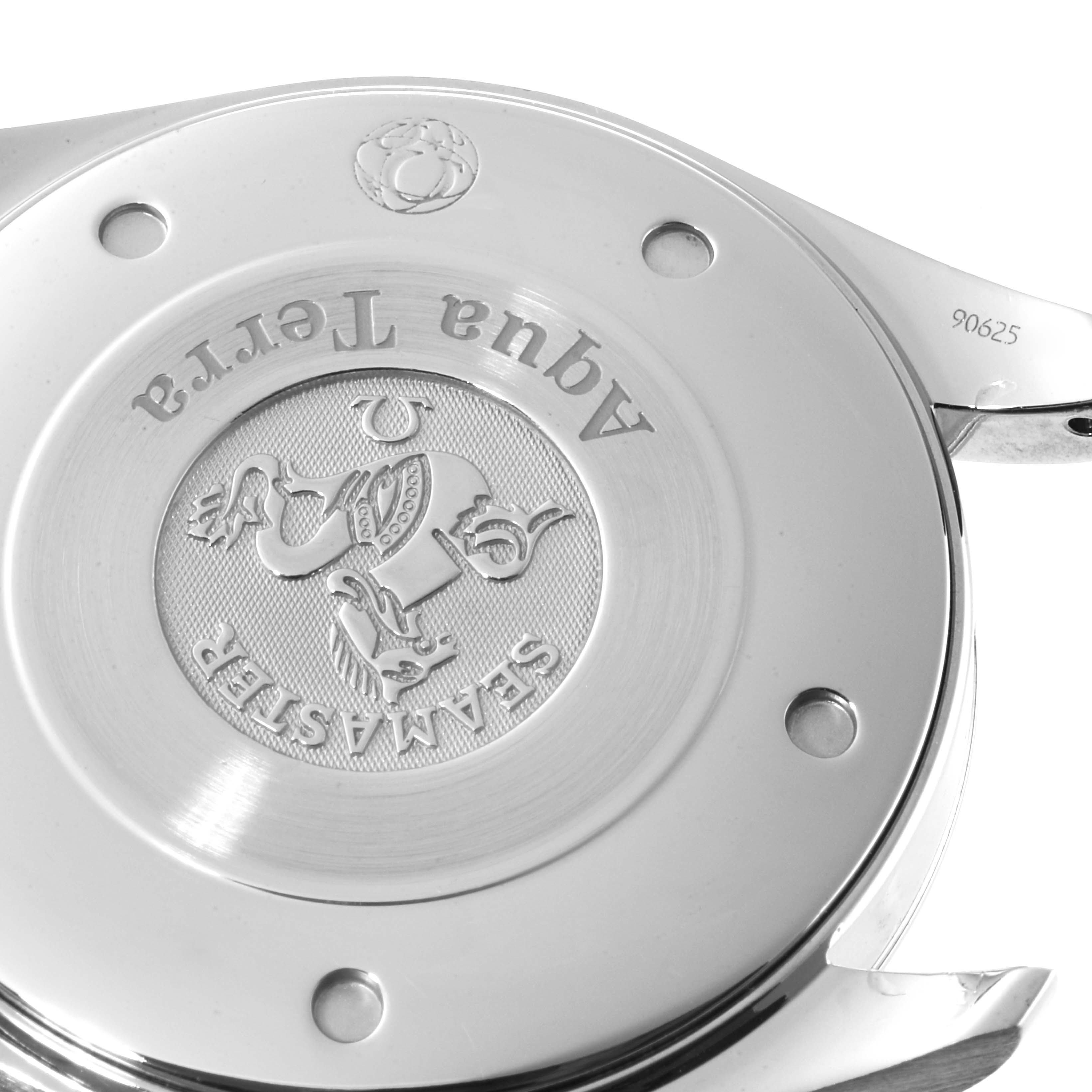 This image shows the case back of an Omega Aqua Terra 2517.50.00 Men's Stainless Steel Black Dial 2517.50.00 Men's Stainless Steel Black Dial watch, highlighting the Seamaster engraving.