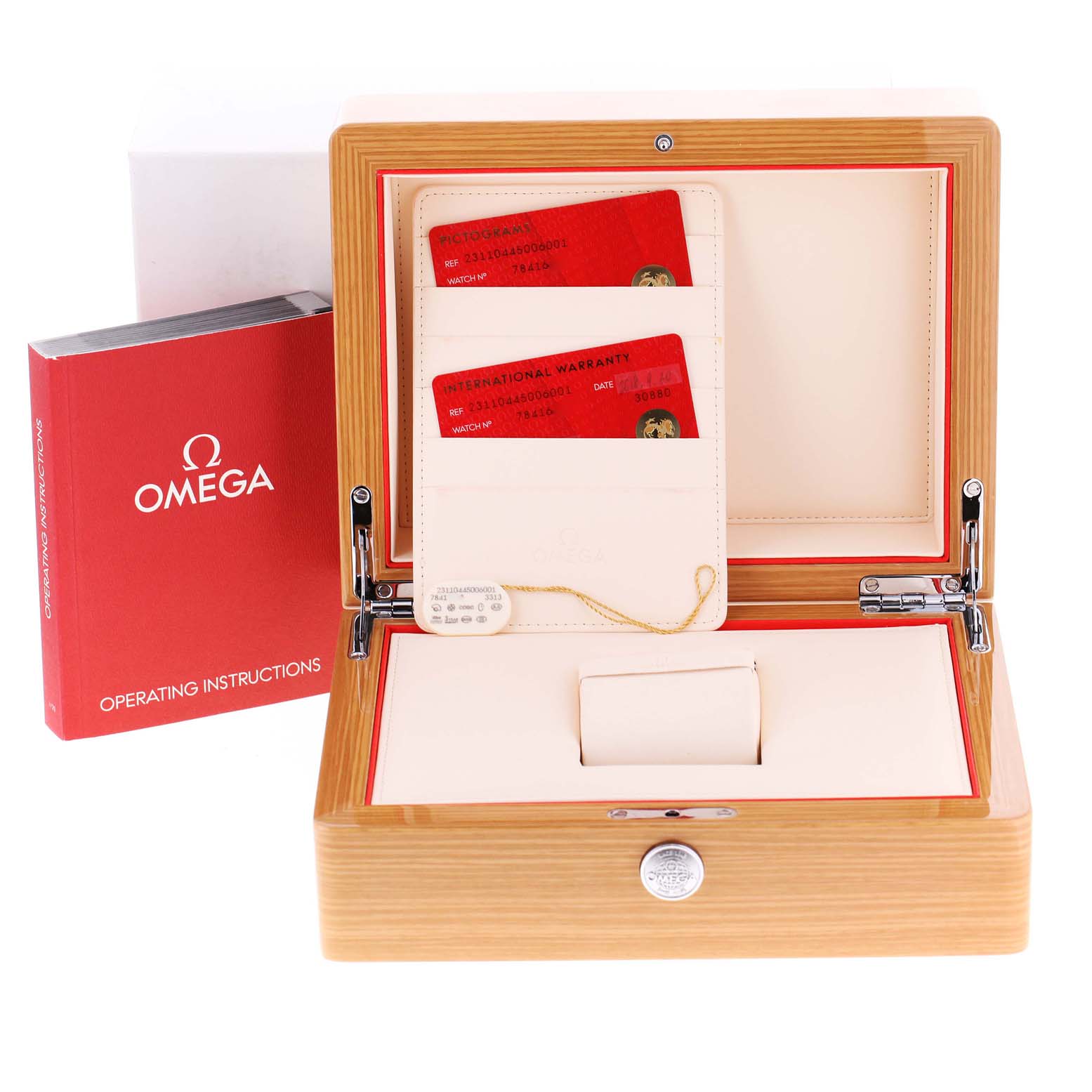 The image shows the Omega Aqua Terra 231.10.44.50.06.001 Men's Stainless Steel Black Dial 231.10.44.50.06.001 Men's Stainless Steel Black Dial watch box, operating instructions, and warranty cards.