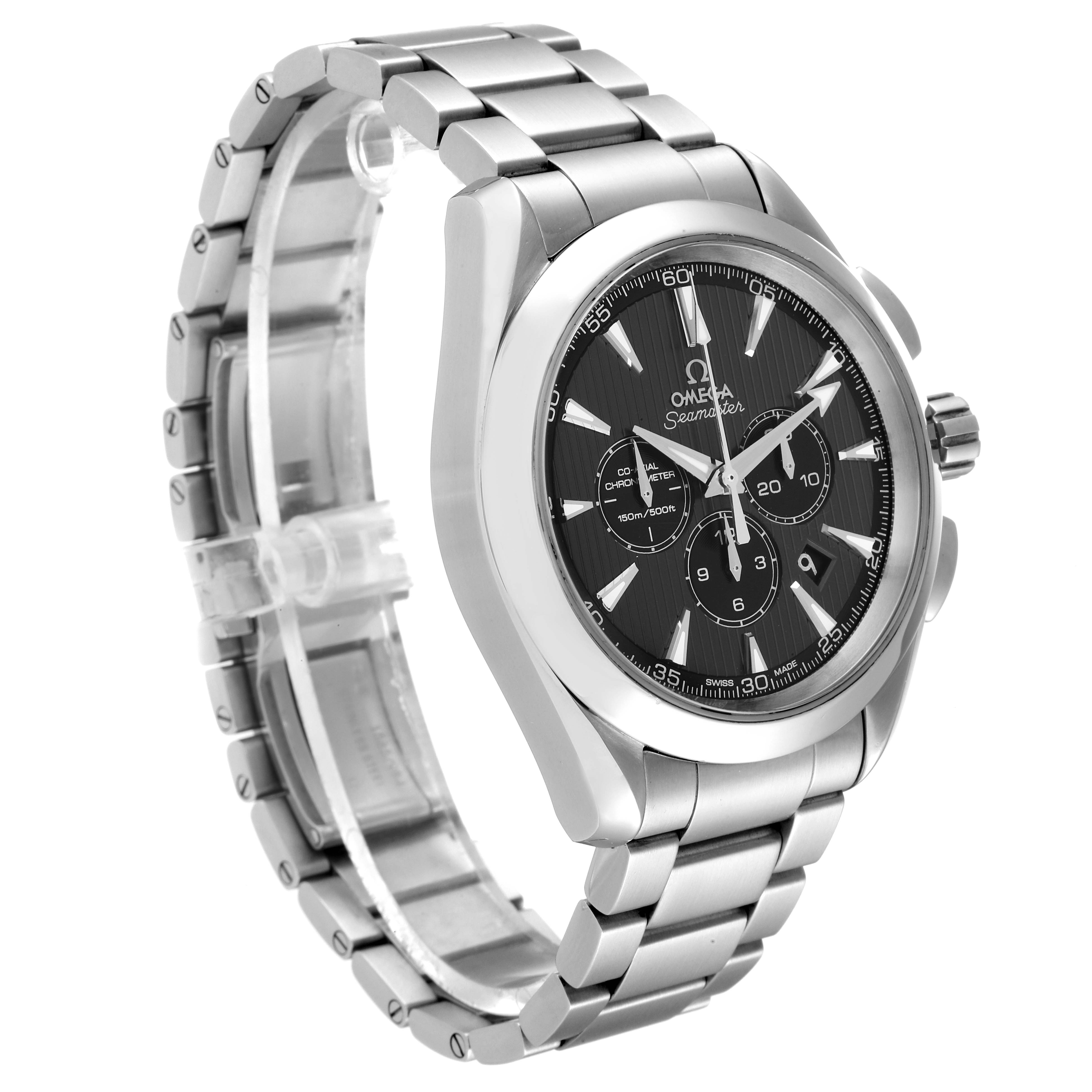 The Omega Aqua Terra 231.10.44.50.06.001 Men's Stainless Steel Black Dial 231.10.44.50.06.001 Men's Stainless Steel Black Dial watch is shown at a three-quarter angle, displaying the watch face, bezel, crown, and stainless steel bracelet.