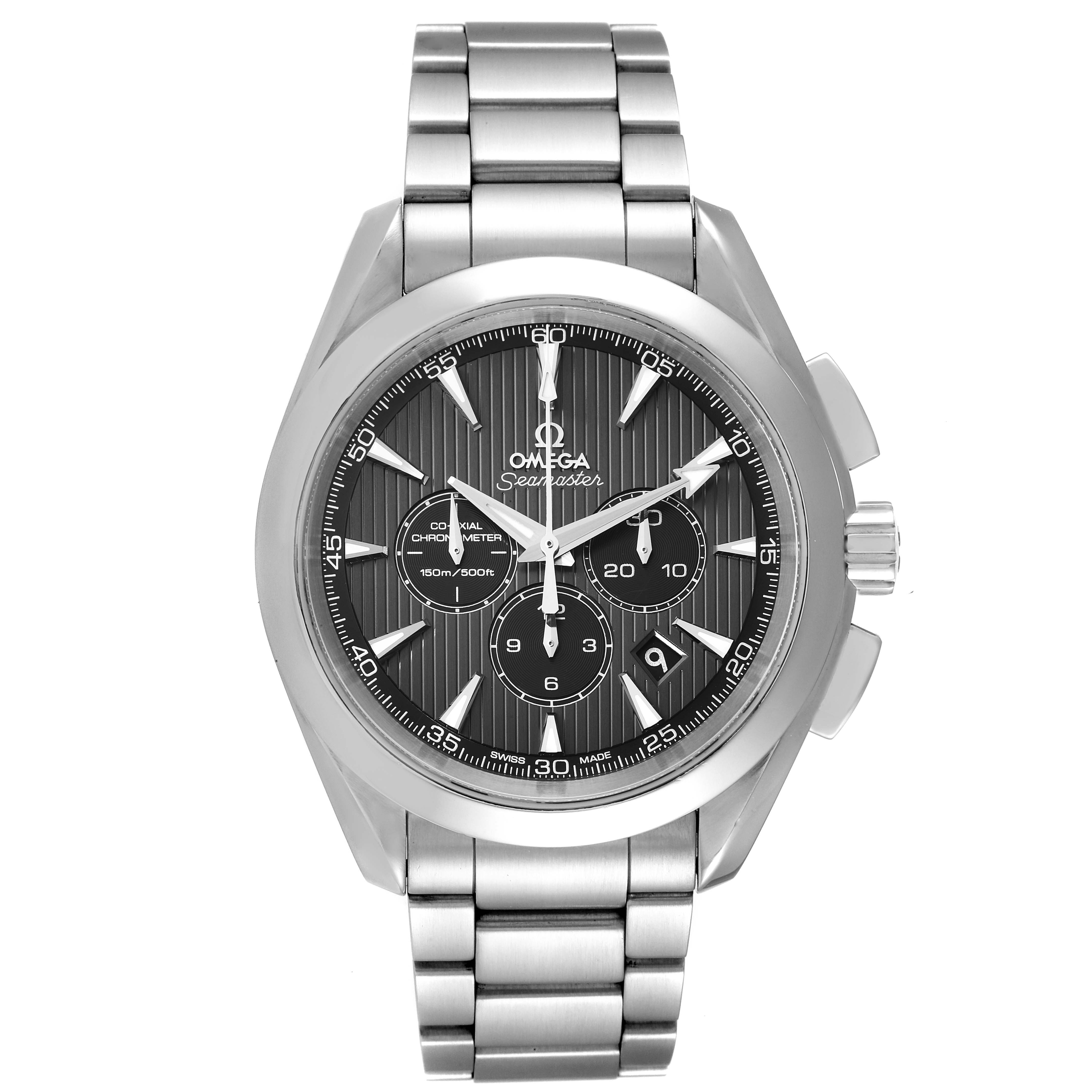 The image shows a front view of the Omega Aqua Terra 231.10.44.50.06.001 Men's Stainless Steel Black Dial 231.10.44.50.06.001 Men's Stainless Steel Black Dial watch, featuring a stainless steel bracelet and black dial with subdials.