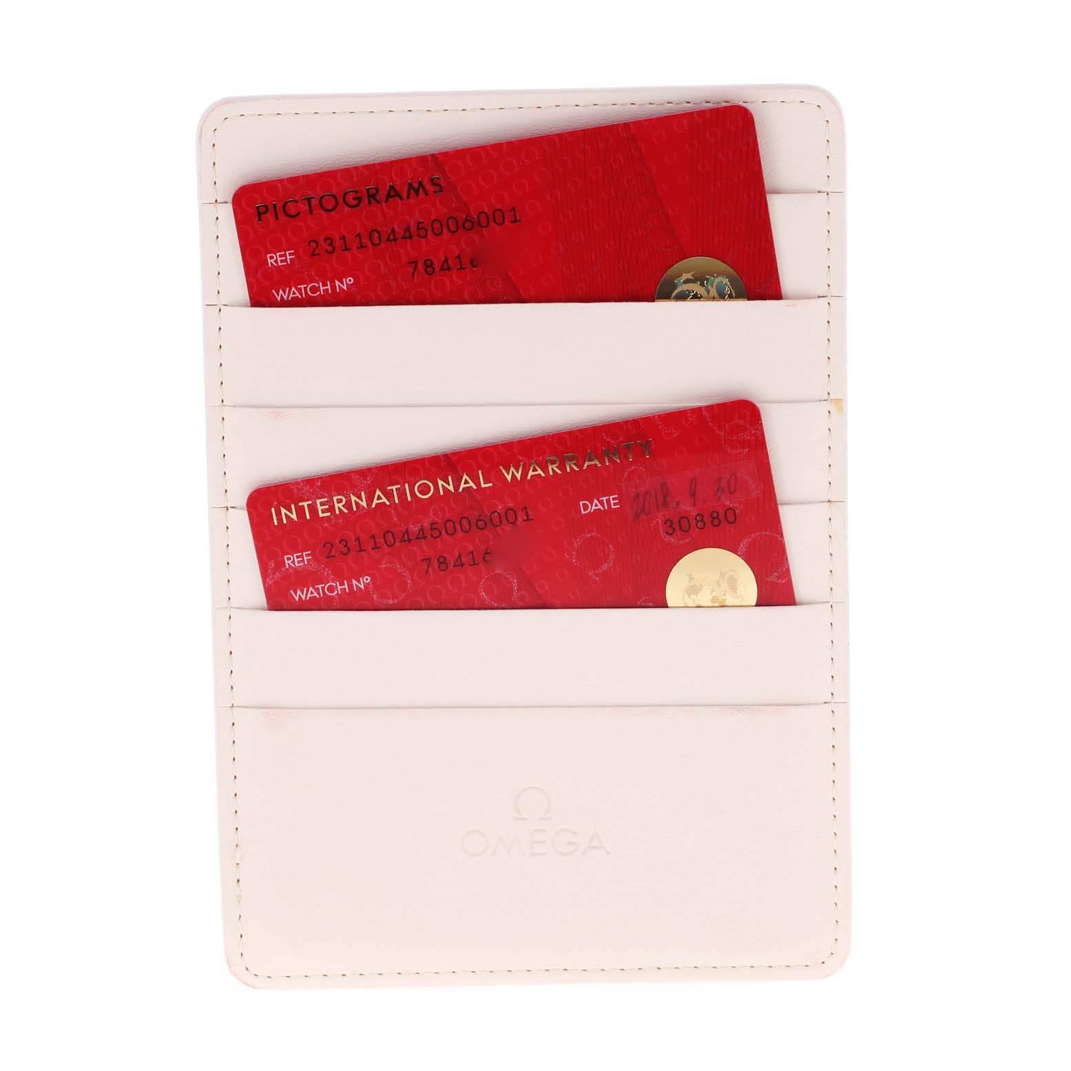 The image shows an Omega Aqua Terra 231.10.44.50.06.001 Men's Stainless Steel Black Dial 231.10.44.50.06.001 Men's Stainless Steel Black Dial model watch cardholder with pictogram and international warranty cards inside it.