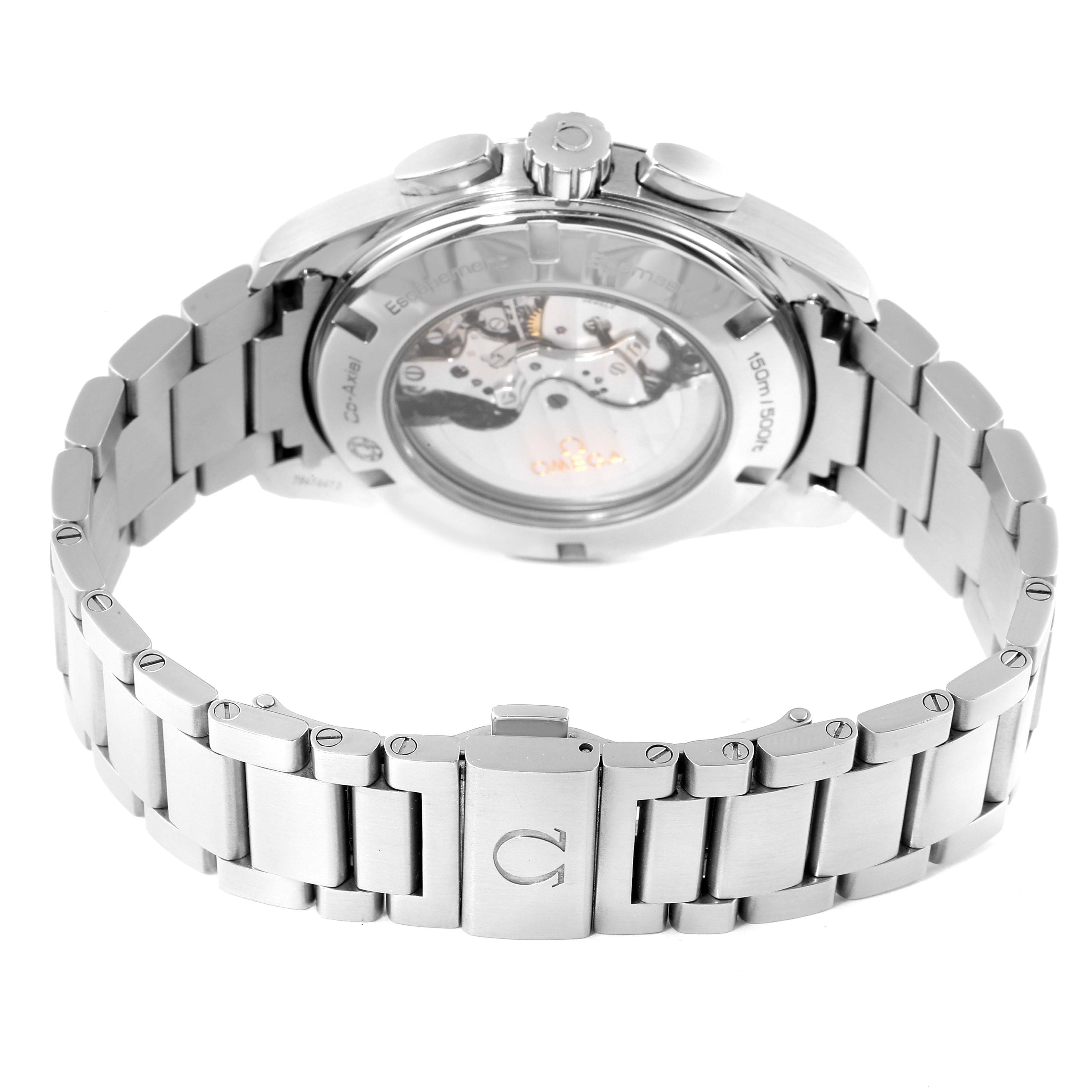 This image shows the back view of the Omega Aqua Terra 231.10.44.50.06.001 Men's Stainless Steel Black Dial 231.10.44.50.06.001 Men's Stainless Steel Black Dial watch, highlighting its exhibition case back and metal bracelet.