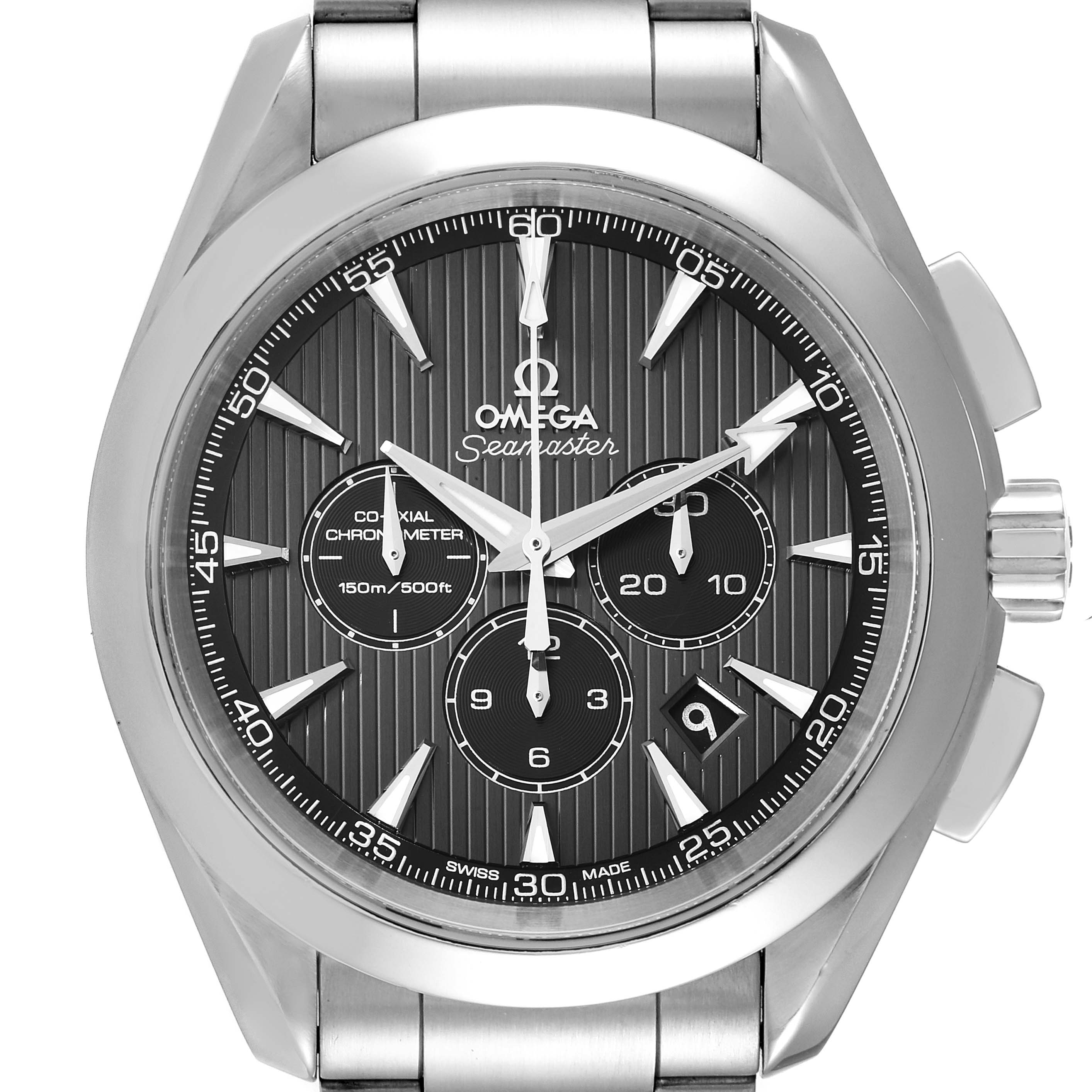 The image shows a frontal view of the Omega Aqua Terra 231.10.44.50.06.001 Men's Stainless Steel Black Dial 231.10.44.50.06.001 Men's Stainless Steel Black Dial model, featuring the face, band, crown, and pushers.