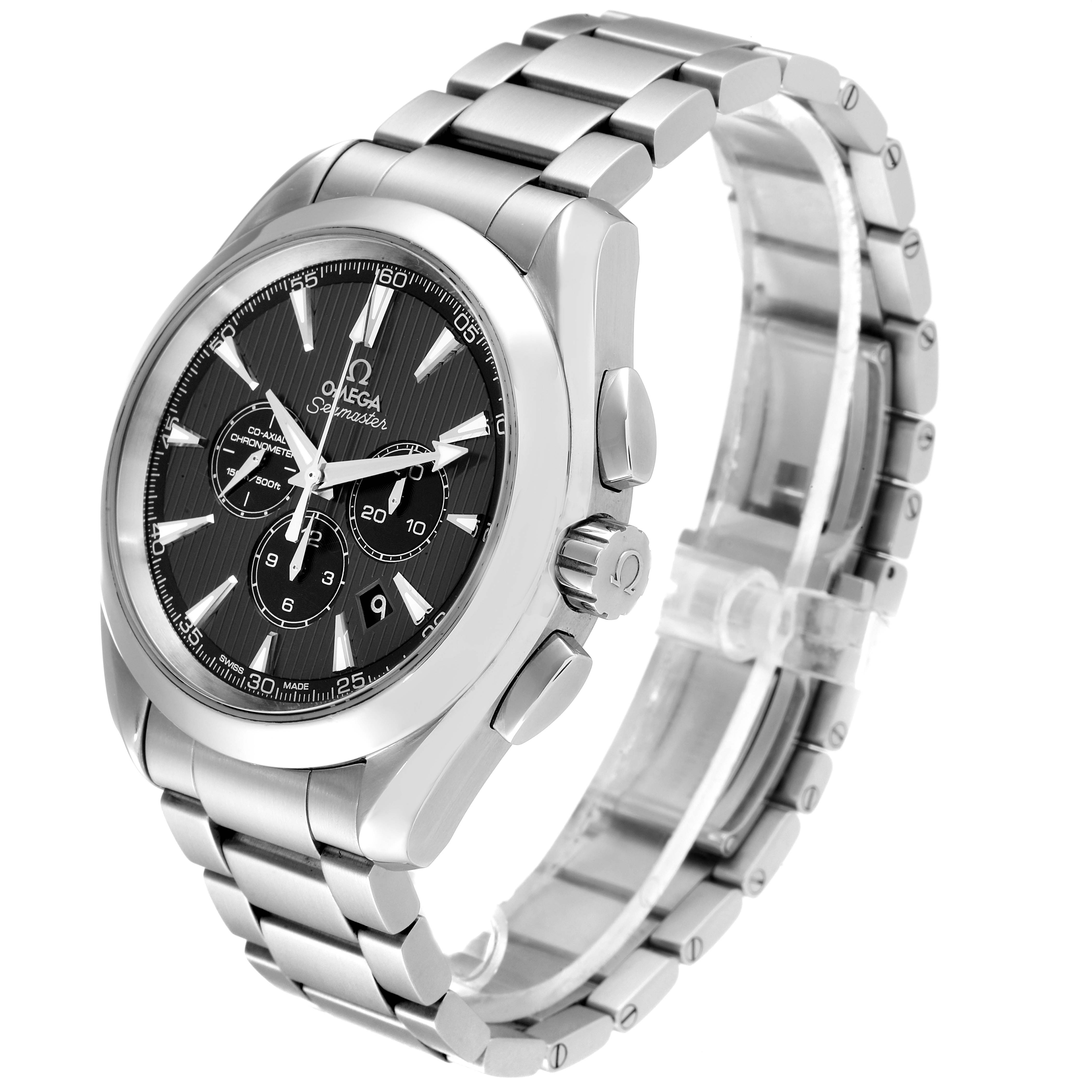 The image shows a side and front angle of the Omega Seamaster Aqua Terra watch, focusing on its face, bezel, and stainless steel bracelet.