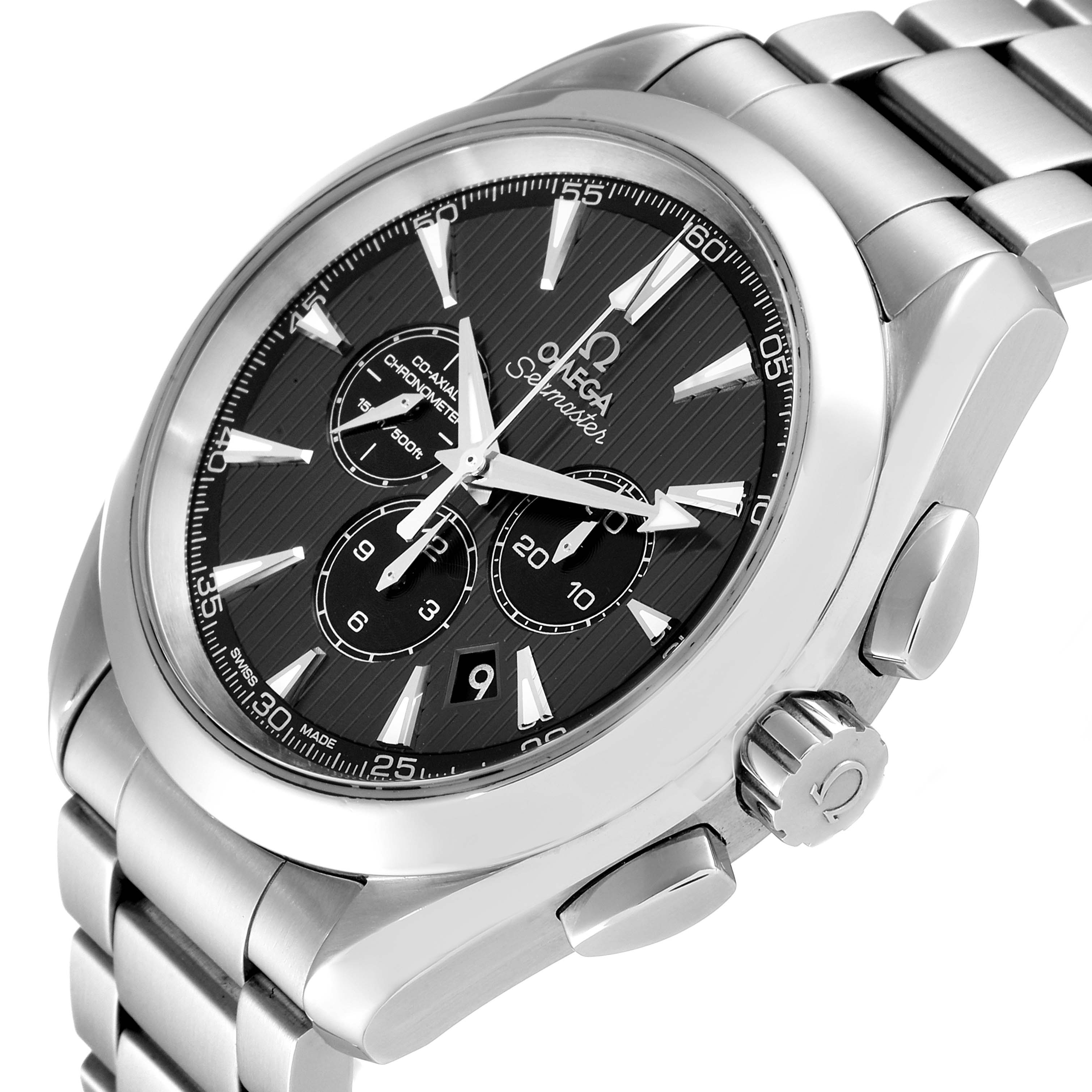 The image shows a close-up, angled view of the Omega Aqua Terra 231.10.44.50.06.001 Men's Stainless Steel Black Dial 231.10.44.50.06.001 Men's Stainless Steel Black Dial watch, highlighting its face, case, crown, and bracelet.