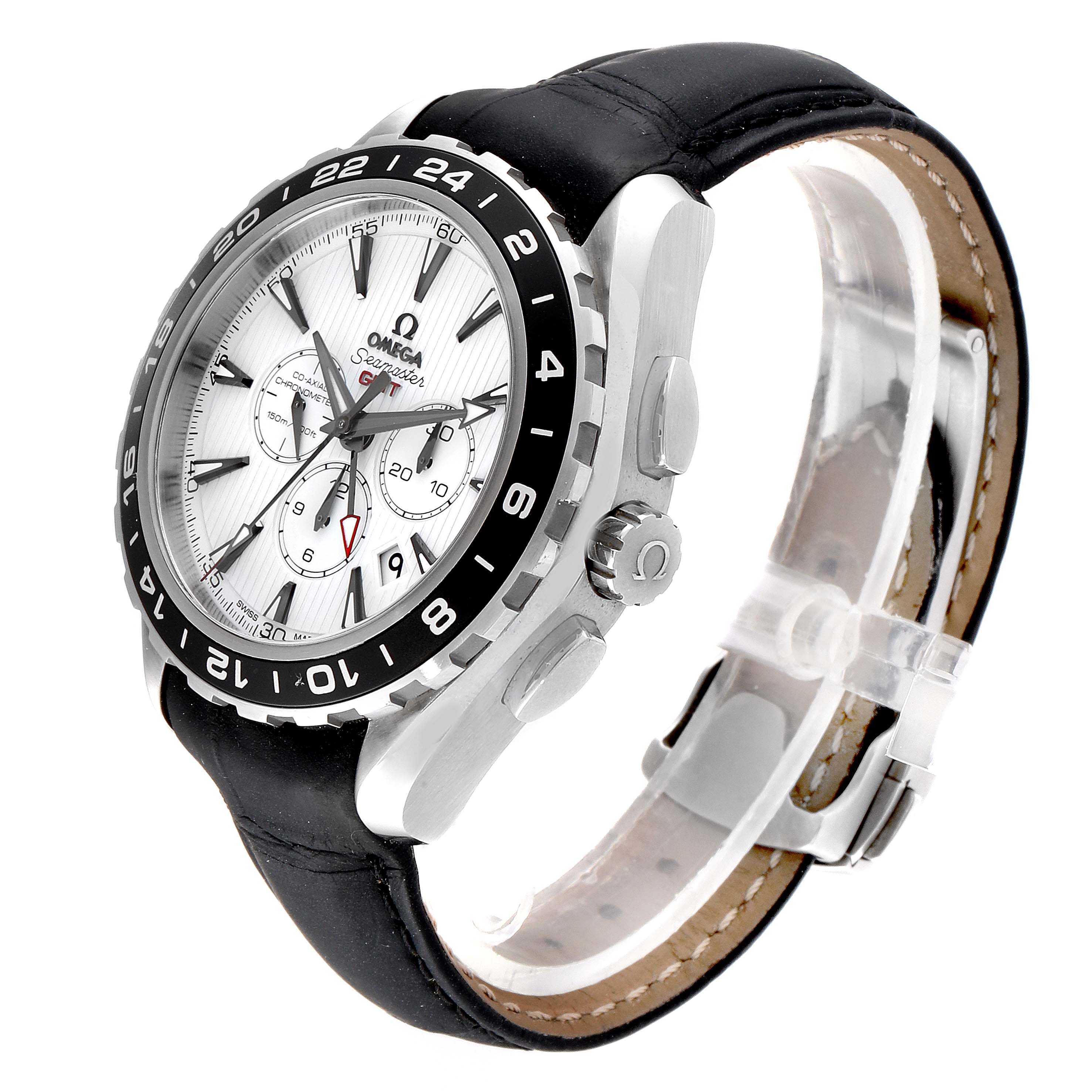 The image shows an Omega Seamaster 231.10.44.52.04.001 Men
s Stainless Steel White Dial 231.10.44.52.04.001 Men
s Stainless Steel White Dial watch at an oblique angle displaying the full face, bezel, crown, and part of the leather strap.