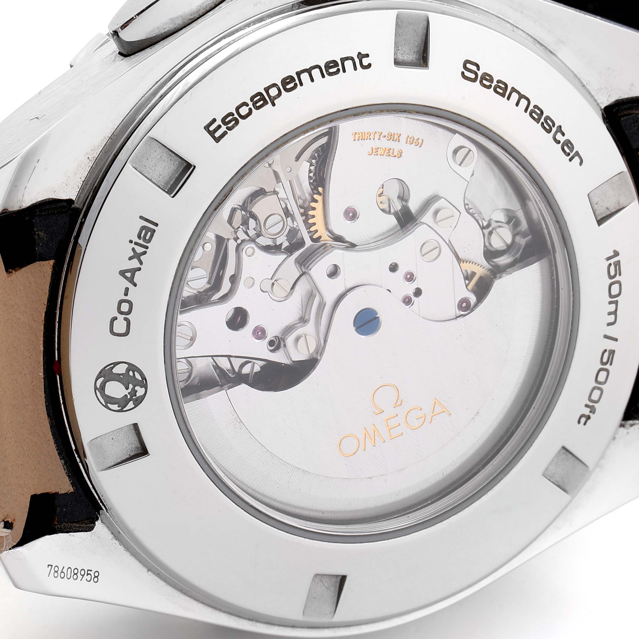 The image shows the back view of an Omega Seamaster 231.10.44.52.04.001 Men
s Stainless Steel White Dial 231.10.44.52.04.001 Men
s Stainless Steel White Dial watch, revealing its mechanical movement and transparent case back.