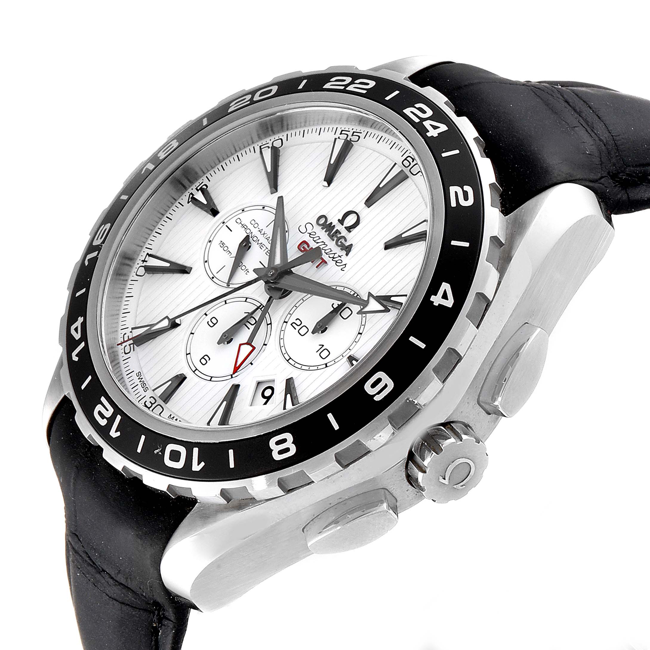 The Omega Seamaster 231.10.44.52.04.001 Men
s Stainless Steel White Dial 231.10.44.52.04.001 Men
s Stainless Steel White Dial watch is shown at a slight angle, featuring its face with chronograph dials, bezel, crown, and leather strap.