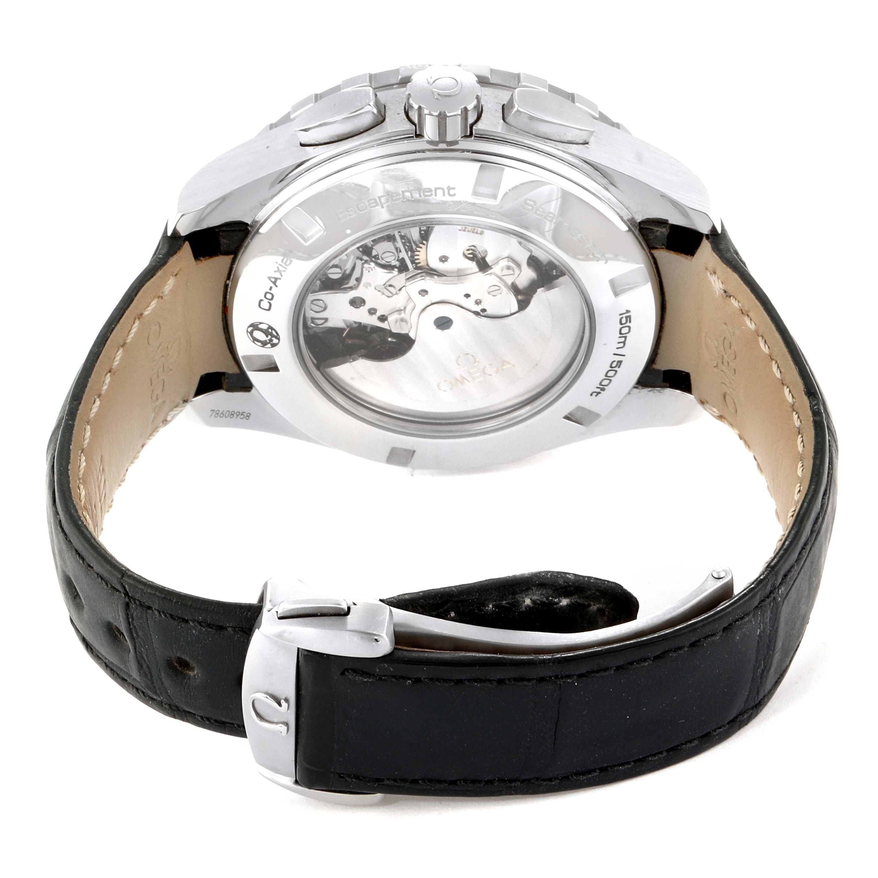 The image shows the back view of an Omega Seamaster 231.10.44.52.04.001 Men
s Stainless Steel White Dial 231.10.44.52.04.001 Men
s Stainless Steel White Dial watch, highlighting the exhibition case back and black leather strap.