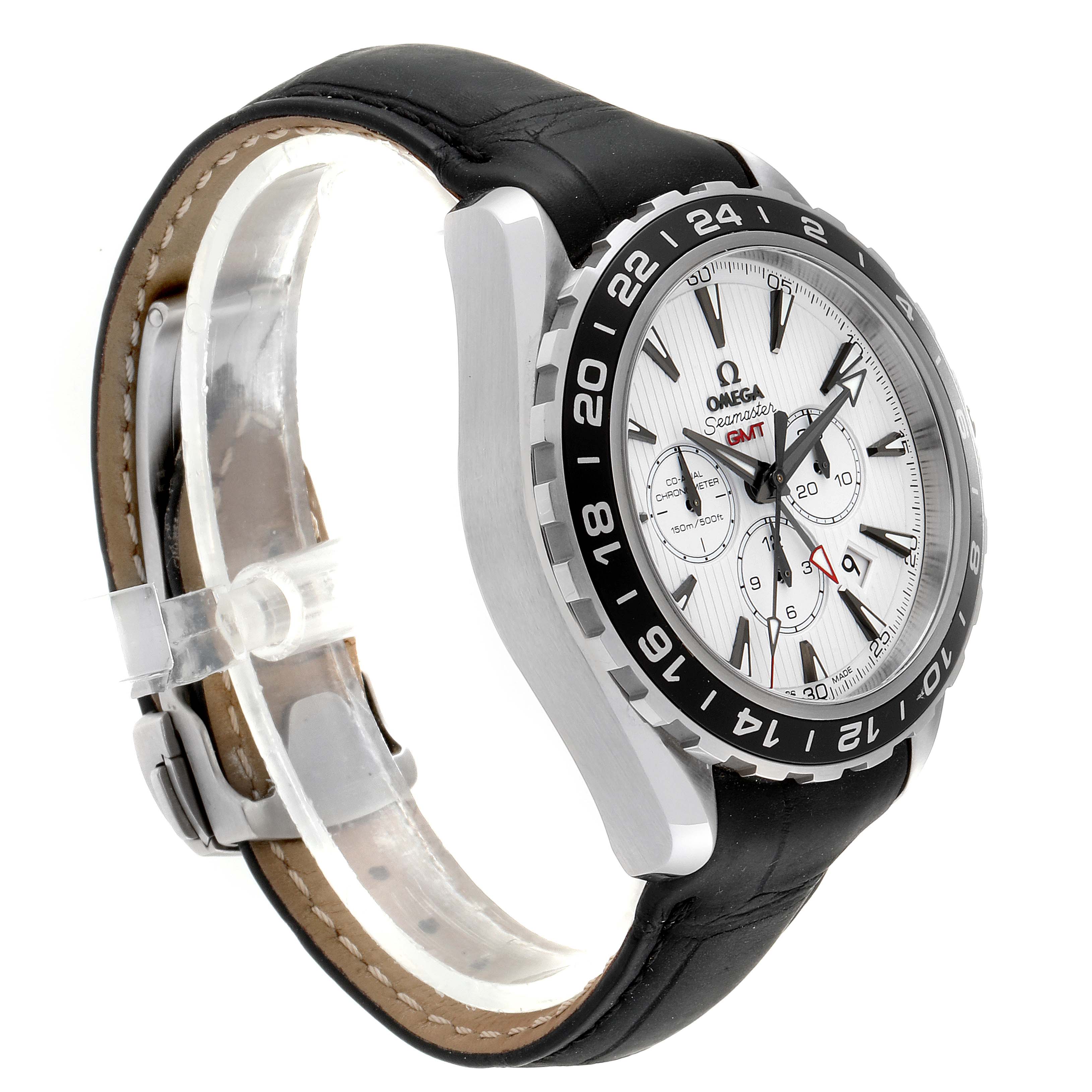 The image shows an angled side view of an Omega Seamaster 231.10.44.52.04.001 Men
s Stainless Steel White Dial 231.10.44.52.04.001 Men
s Stainless Steel White Dial watch, highlighting the watch face, bezel, and leather strap.