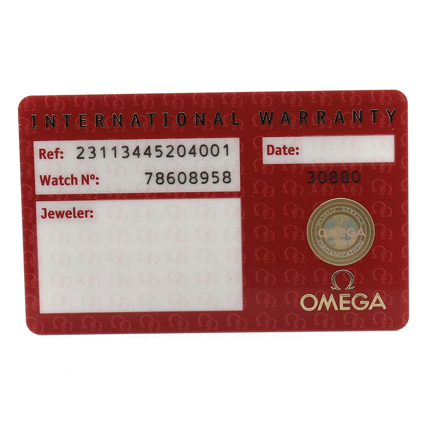 This image shows the international warranty card for an Omega Seamaster 231.10.44.52.04.001 Men
s Stainless Steel White Dial 231.10.44.52.04.001 Men
s Stainless Steel White Dial watch.