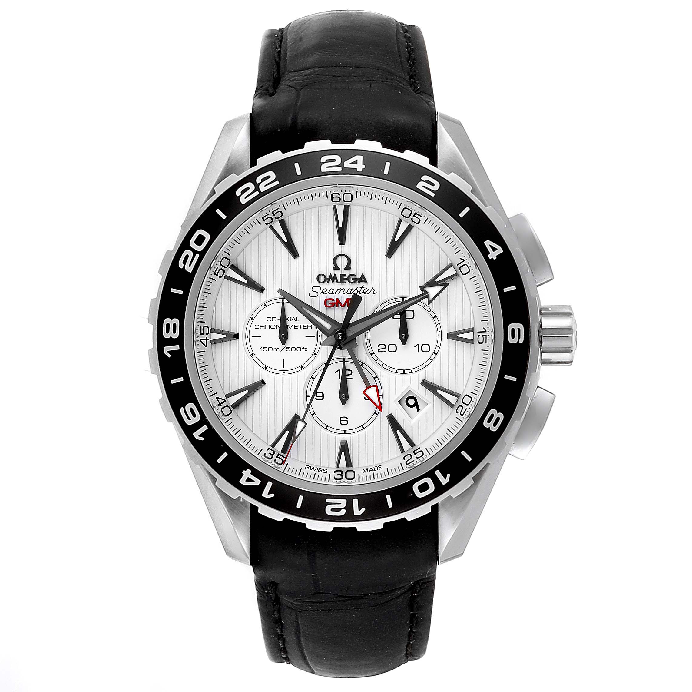 The Omega Seamaster 231.10.44.52.04.001 Men
s Stainless Steel White Dial 231.10.44.52.04.001 Men
s Stainless Steel White Dial watch is shown from a front angle, displaying its dial, bezel, subdials, and black leather strap.