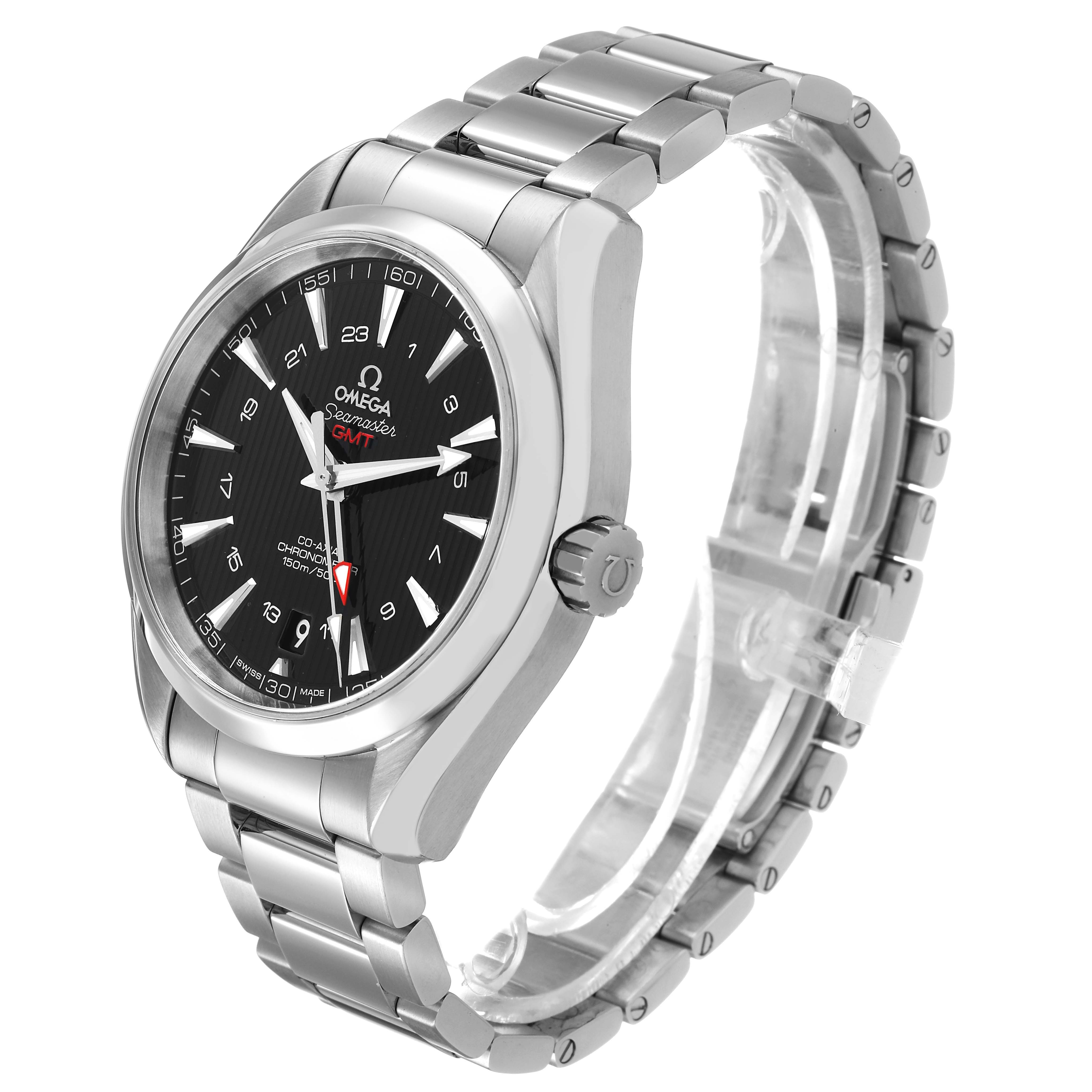 The Omega Aqua Terra 231.10.43.22.01.001 Men's Stainless Steel Black Dial watch is shown at a 3/4 angle, displaying the face, bezel, crown, and bracelet.