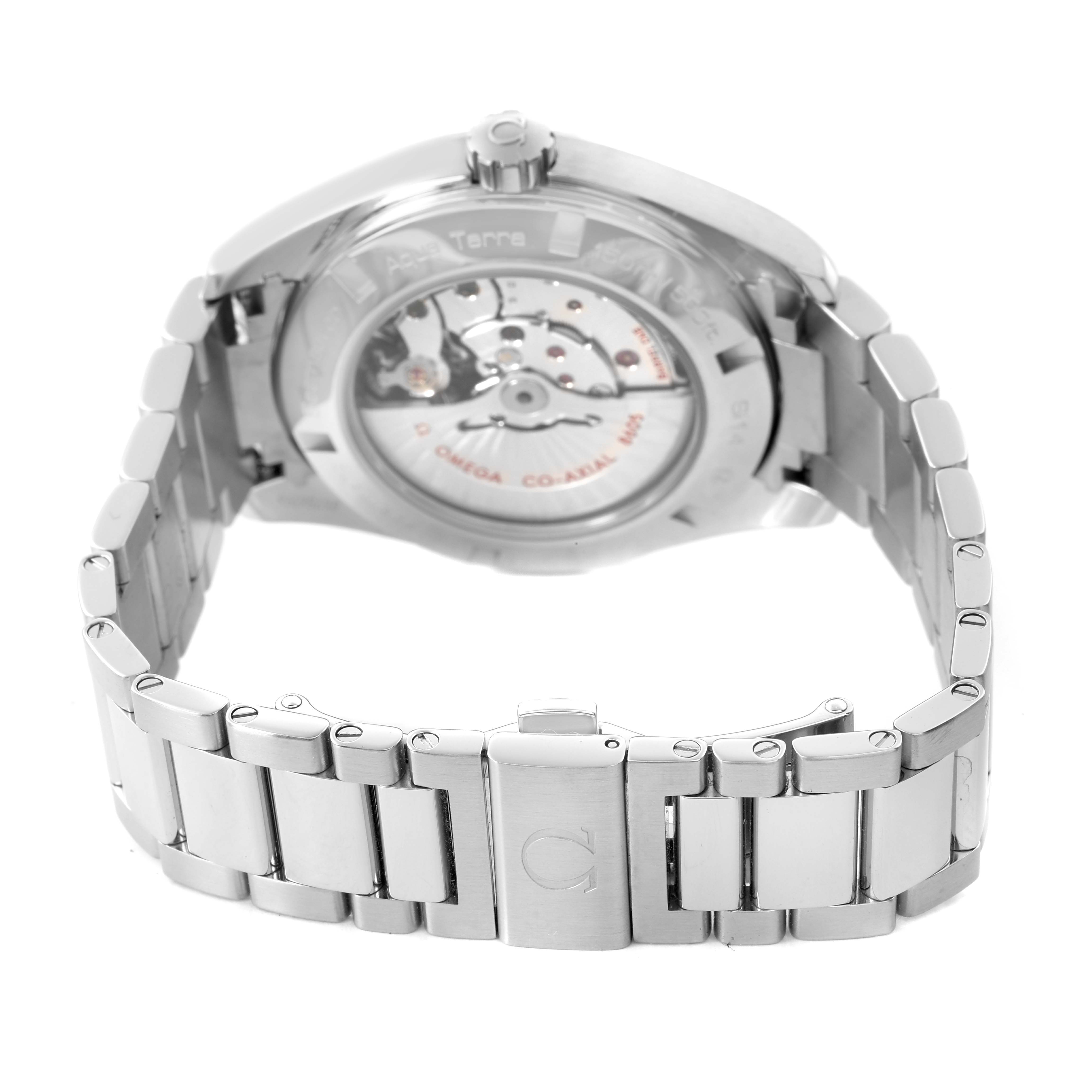 The image shows the Omega Aqua Terra 231.10.43.22.01.001 Men's Stainless Steel Black Dial watch from the back, highlighting the exhibition case back and the metal bracelet.