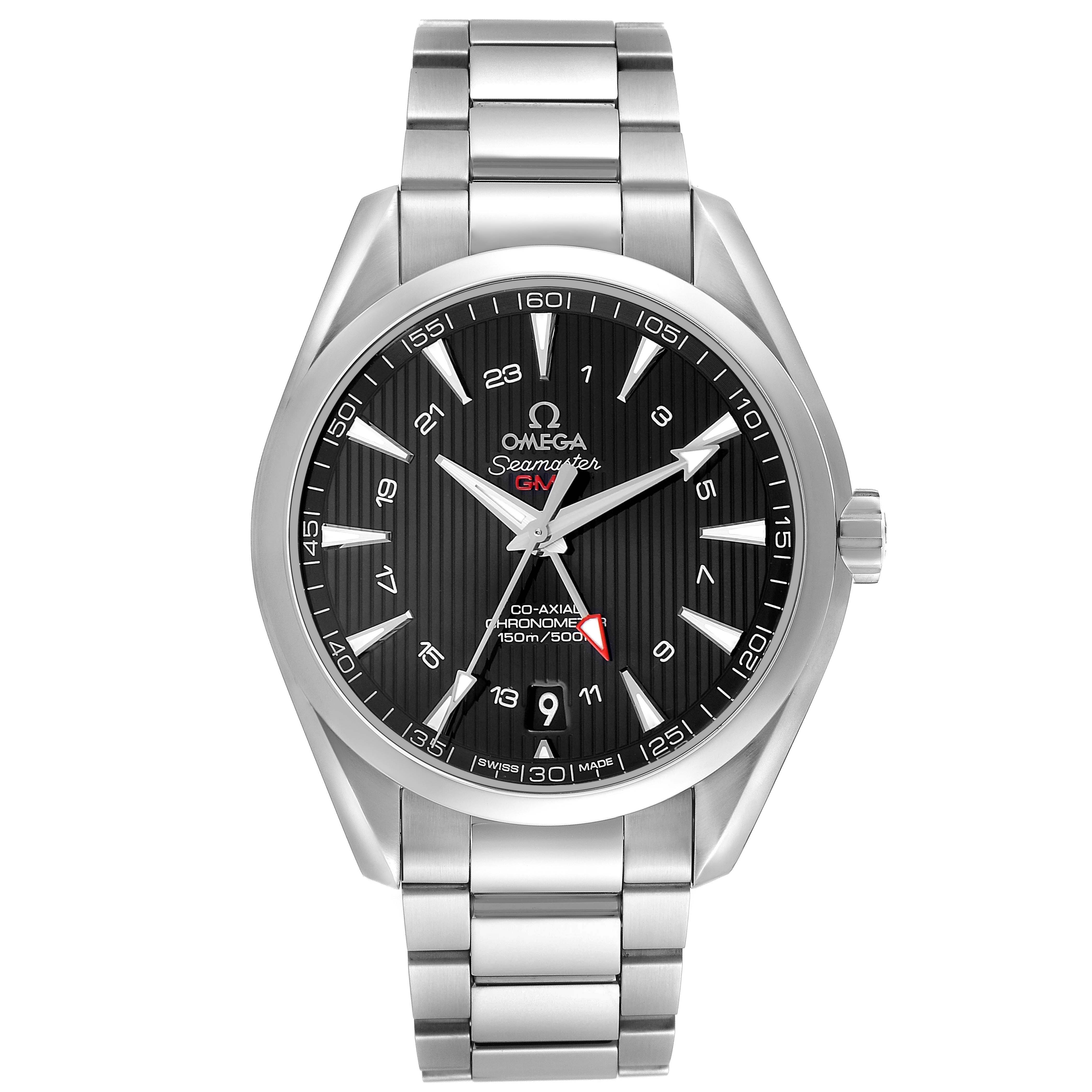 The Omega Aqua Terra 231.10.43.22.01.001 Men's Stainless Steel Black Dial watch is shown from a front angle, displaying its black dial, hands, markers, and stainless steel bracelet.